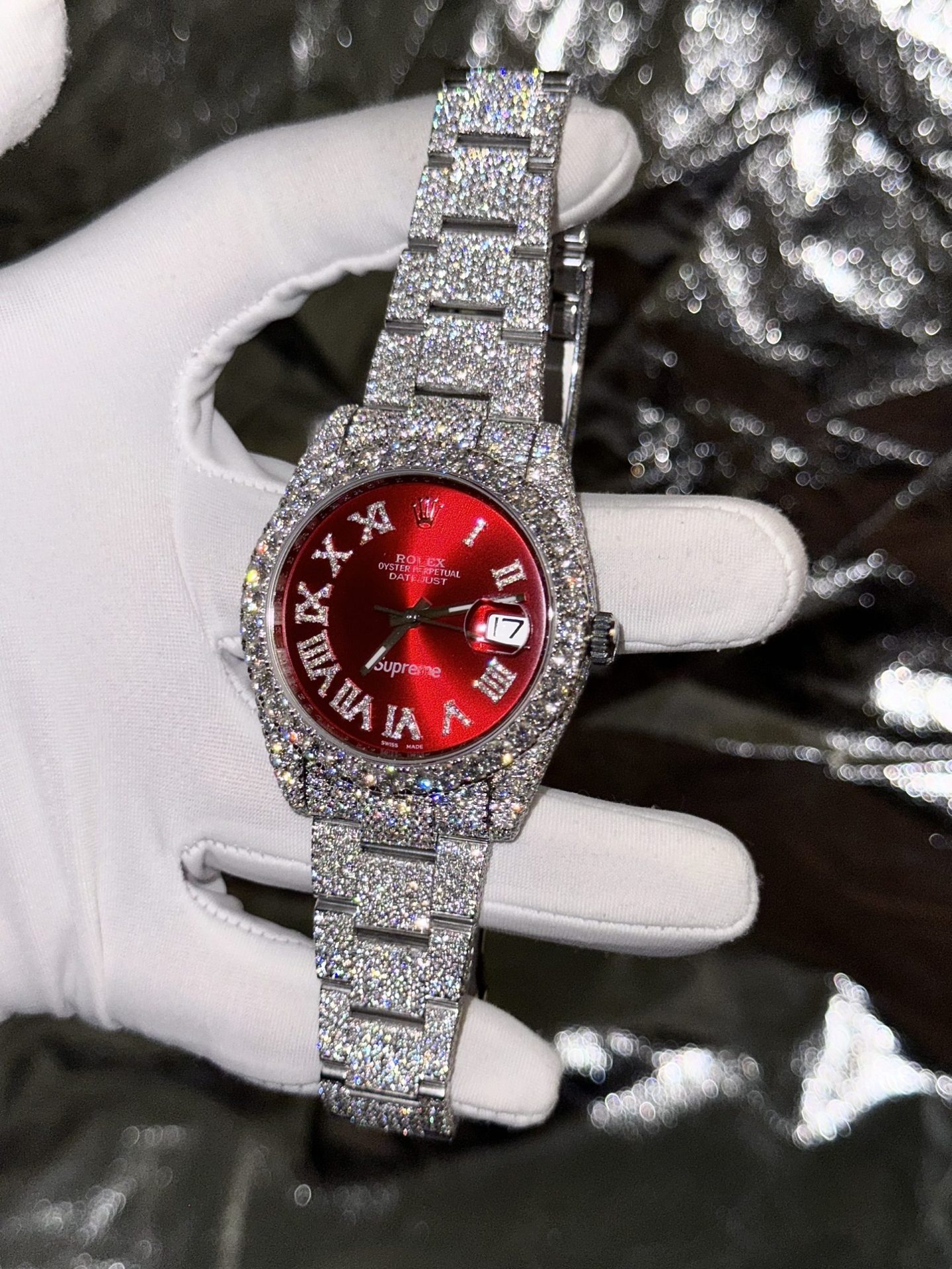 Rolex Best Replica Watch DateJust Supreme Custom Moissanite Diamonds Red Dial 41mm - Elite Watch Atelier