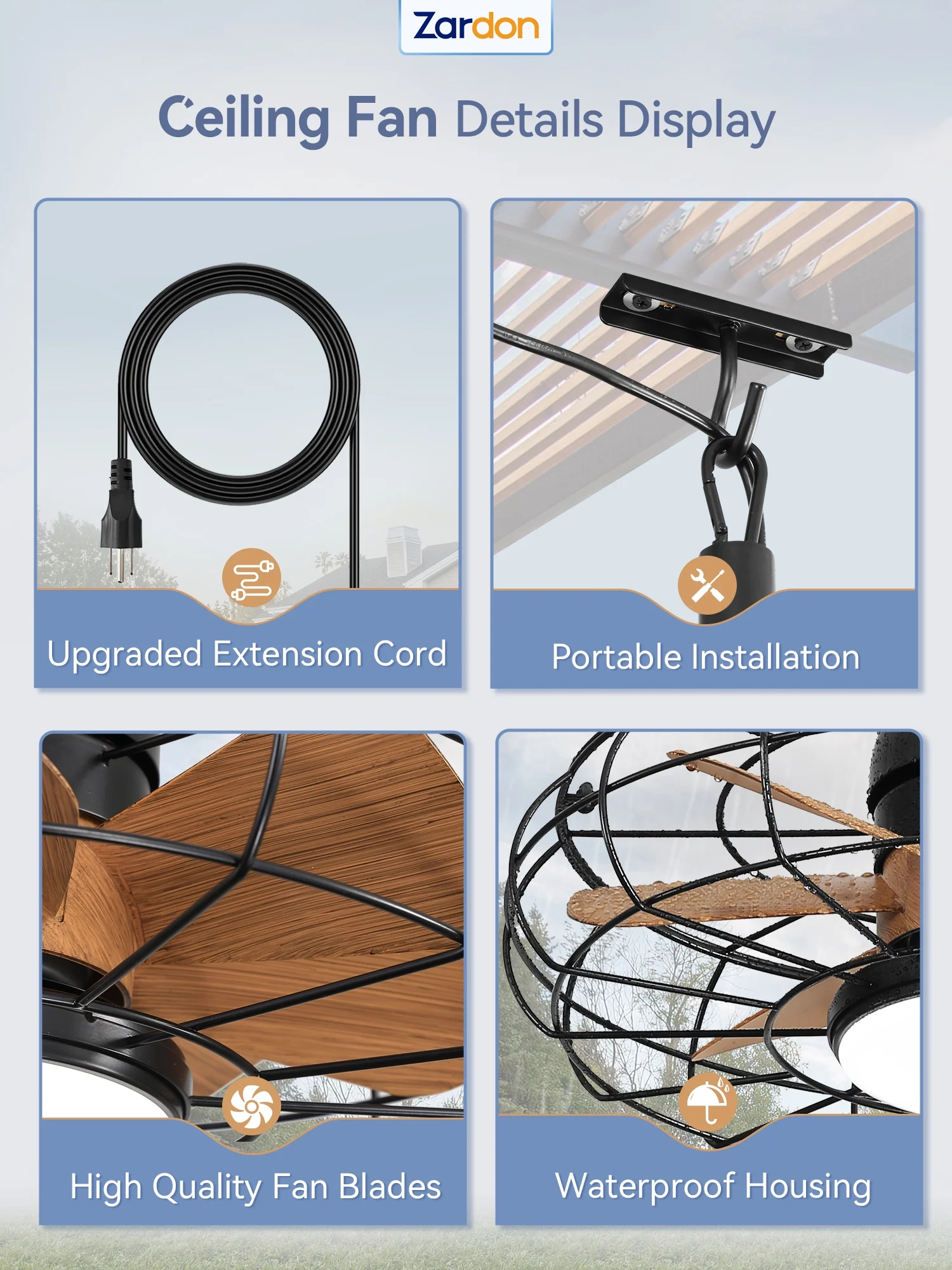 Zardon 20" Outdoor Ceiling Fan with Light and Remote, 7 Blades Caged Waterproof Gazebo Fan for Patio, Porch, Pergola Canopy, App Control - Image 35