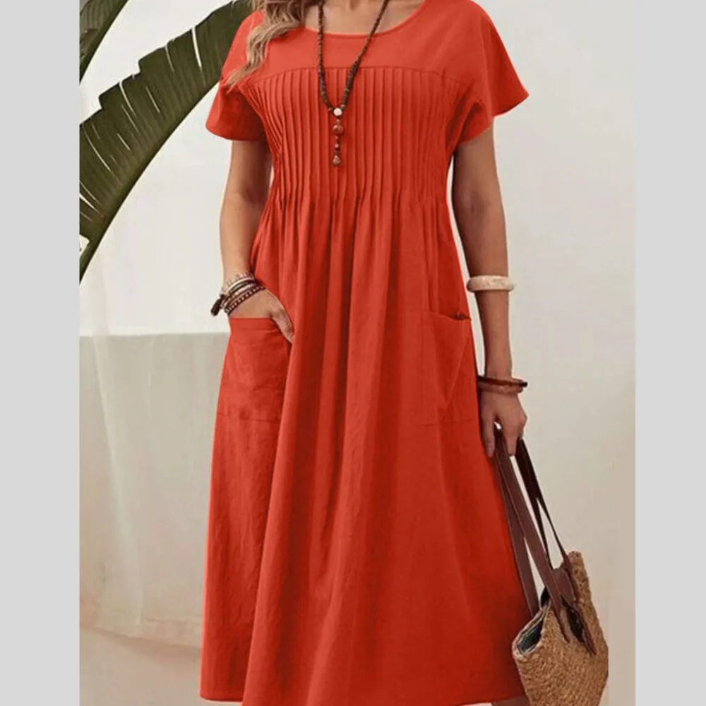 Full Size Round Neck Short Sleeve Midi Dress Plus Size - ZKZOOK