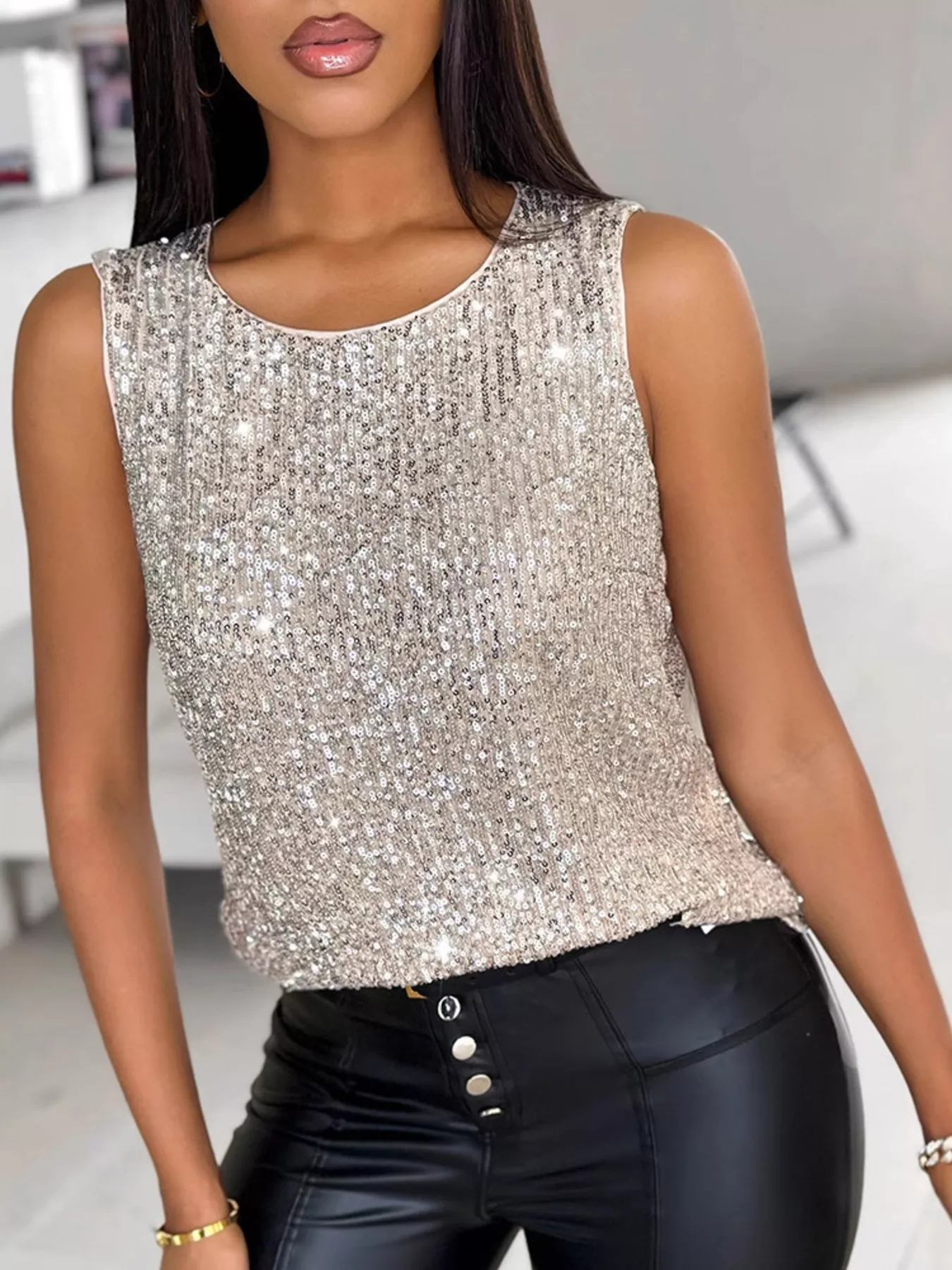 Sequin Round Neck Tank Top - ZKZOOK