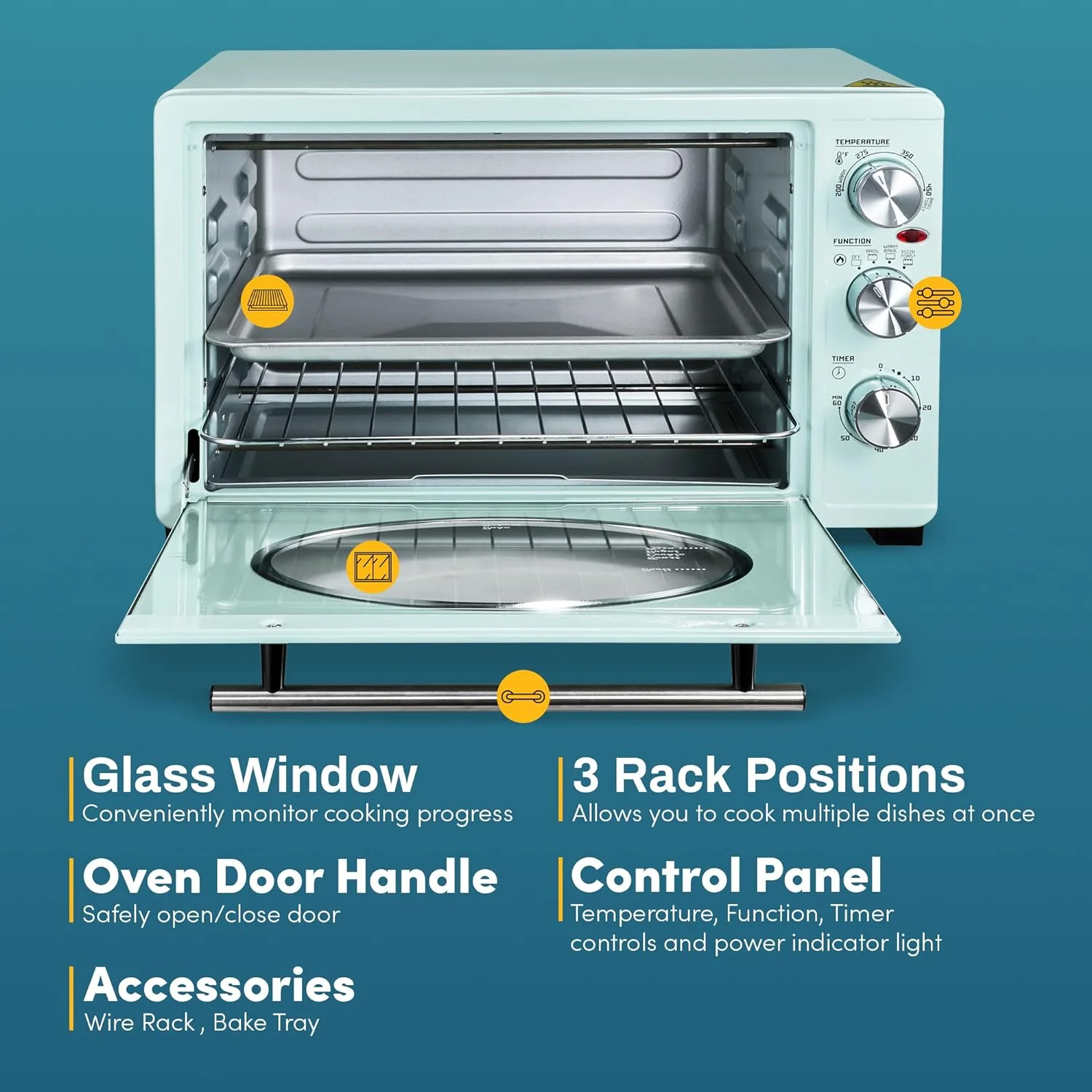 Elite Gourmet Americana by Elite ETO3300M Vintage 50��s Diner Retro Countertop Toaster oven, Bake, Broil, Toast, Fits 12�� Pizza, Temperature Control & Adjustable 60-Minute Timer 1500W, 8-slice, Mint