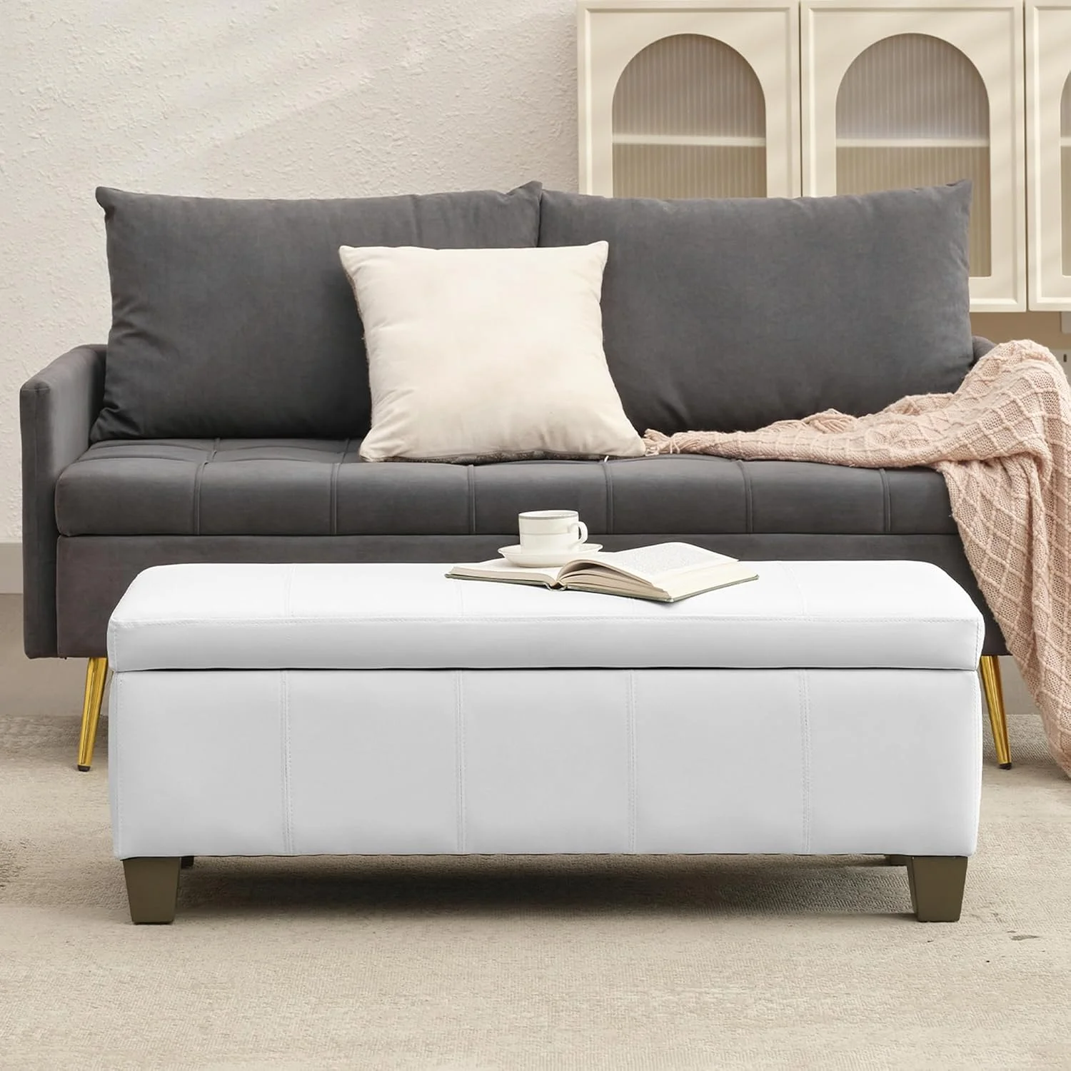 Foredo Rectangle Ottoman with Storage, Modern Faux Leather Bench with Solid Wood Legs, Ottoman for Living Room, Bedroom and Entryway, Beige