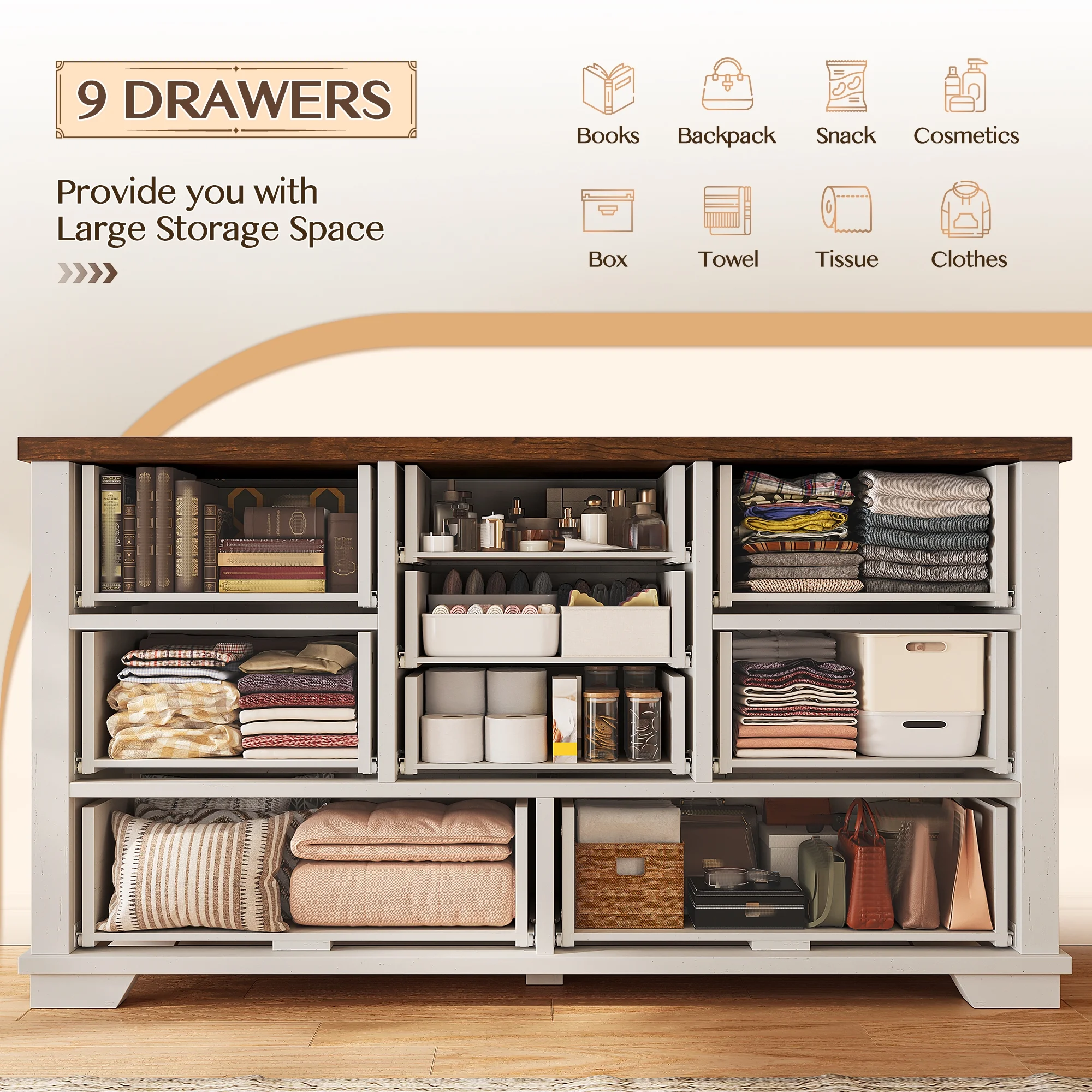 EnHomee Wood Dressers for Bedroom with 9 Drawers White Dresser Chest of Drawers for Living Room - Image 5