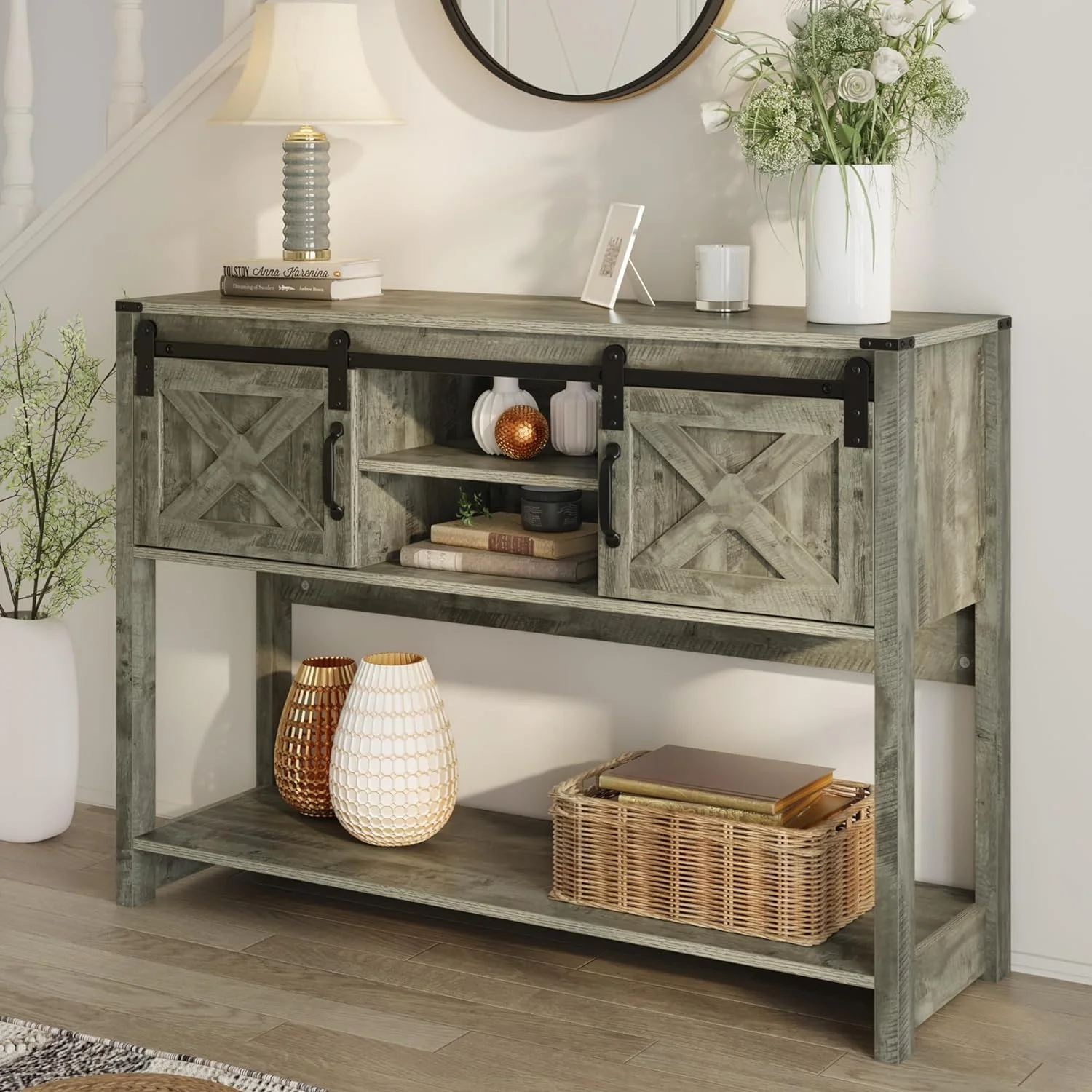 CozyHom Farmhouse Console Table with Storages&Shelves, Side Entryway Table With Sliding Barn Doors, Light Gray