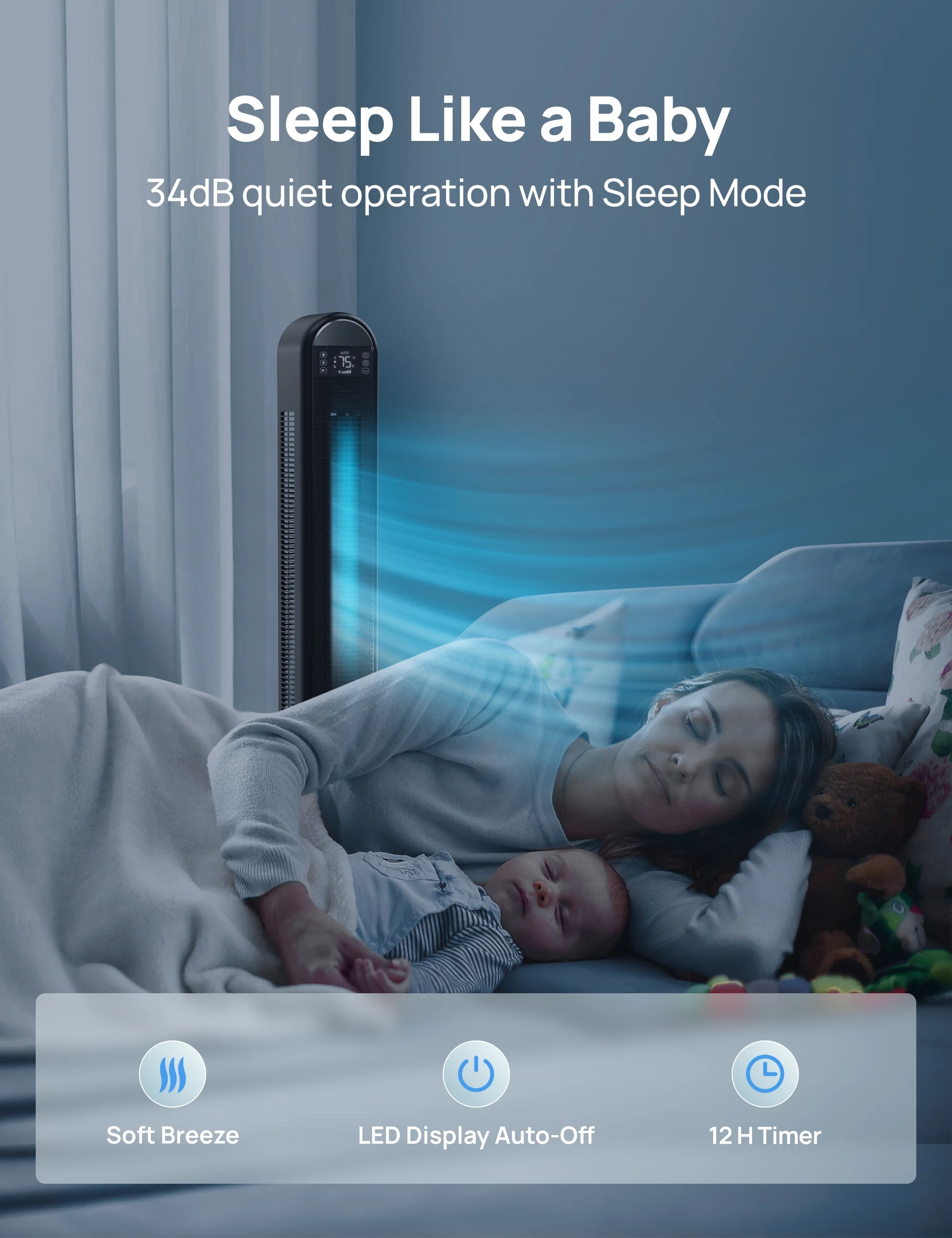 Dreo Tower Fan for Home, 42" Standing Fan with Remote, 90�� Oscillating Fan for Indoors, 34dB Quiet Bedroom Fans, 6 Speeds, 4 Modes, 12H Timer, Bladeless Fan with LED Display, 26 ft/s High Velocity - Image 5