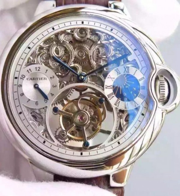 Replica Cartier Ballon Bleu Skeleton Tourbillon White Dial Brown Leather Strap - Top club