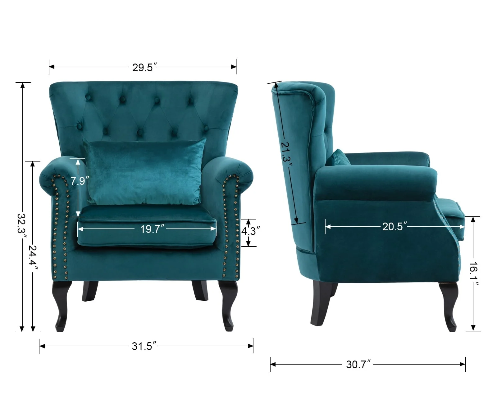 Guyou Mid Century Accent Chair Modern Button Tufted Armchair Wingback Club Chair Velvet Single Sofa Lounge Chair with Pillow for Living Room Bedroom, Teal Blue - Image 21
