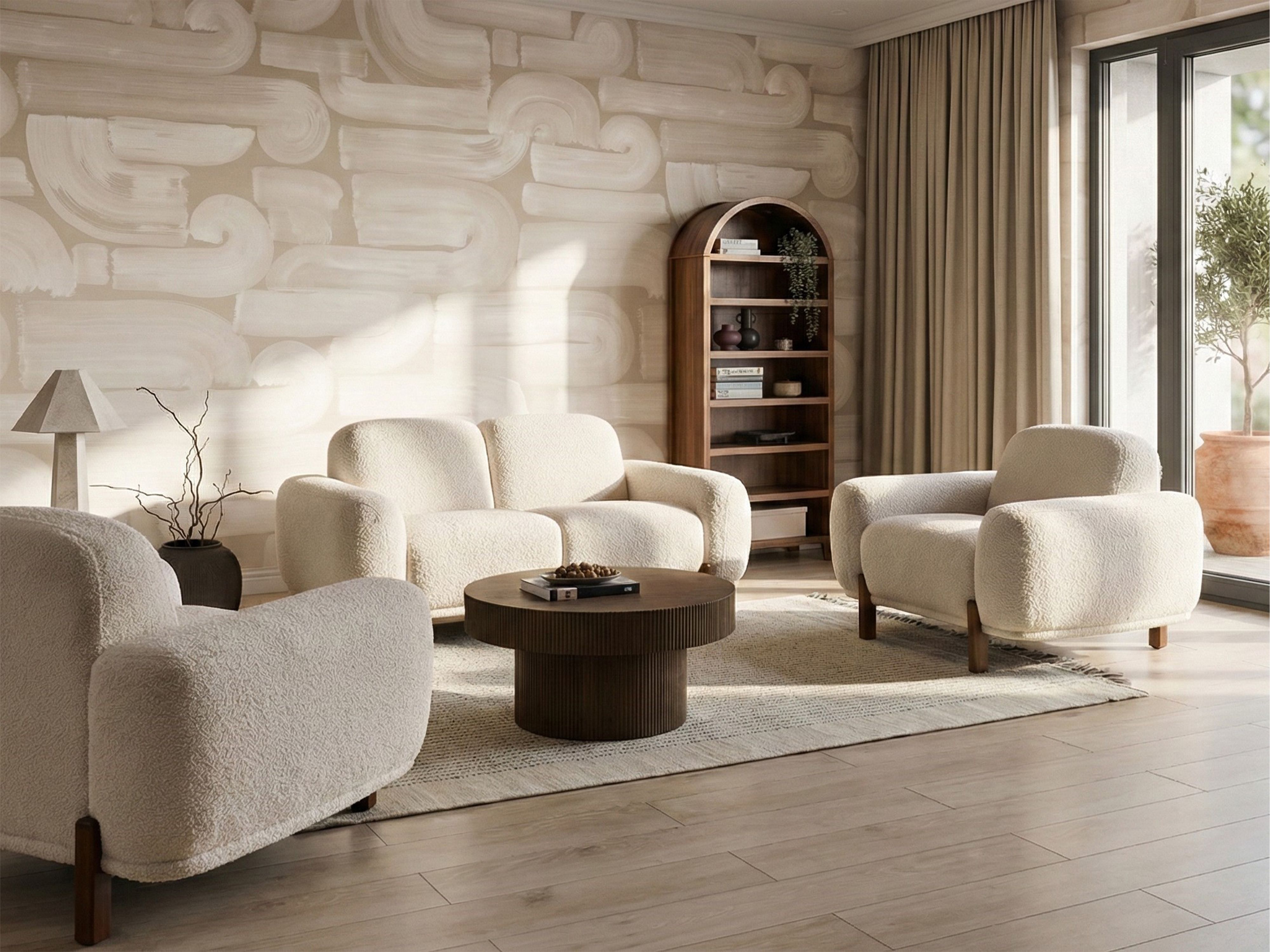 Living Room Set 4 Seater ODNES Boucle White