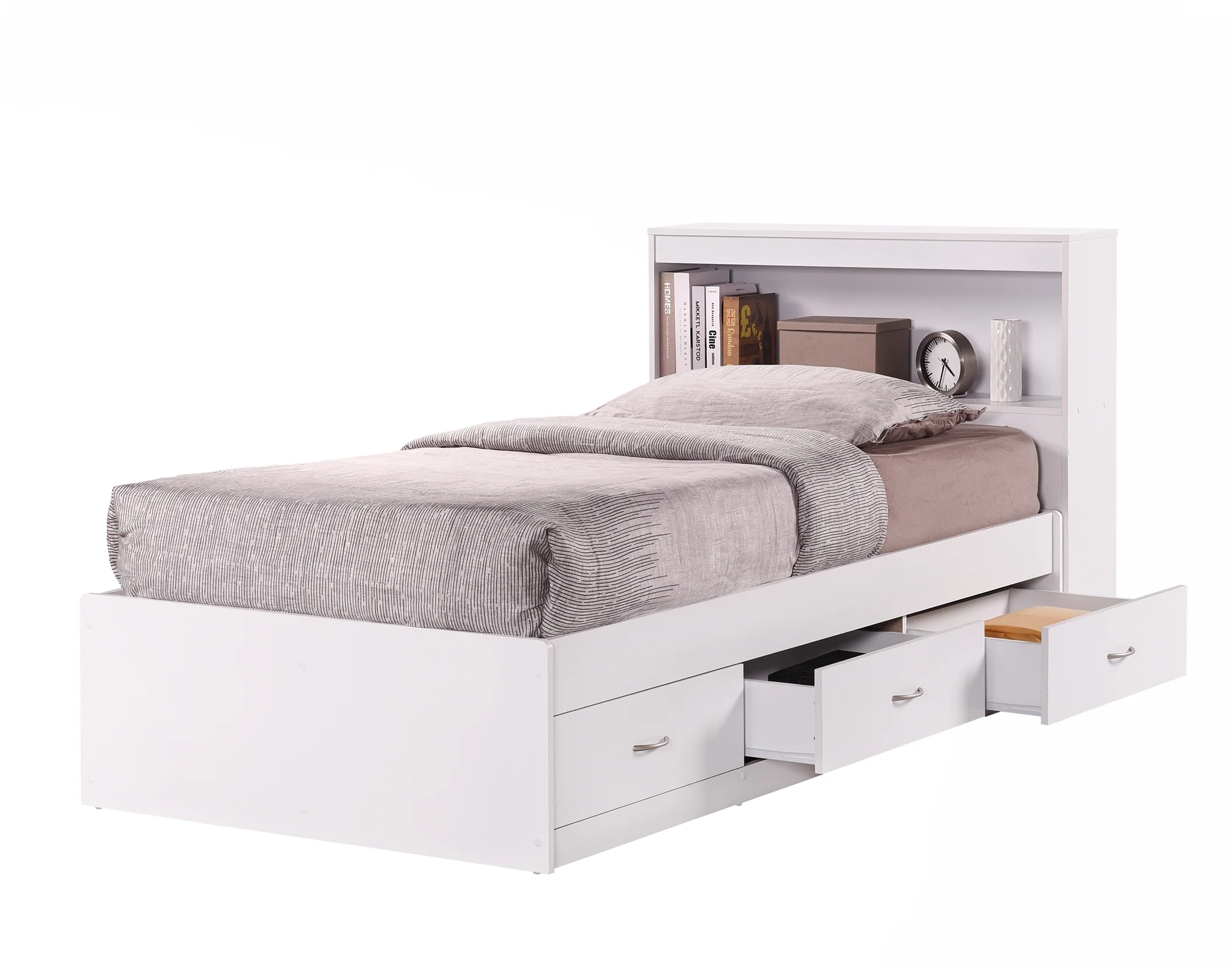 Hodedah Twin-Size Captain Bed with 3-Drawers and Headboard in White - Image 4