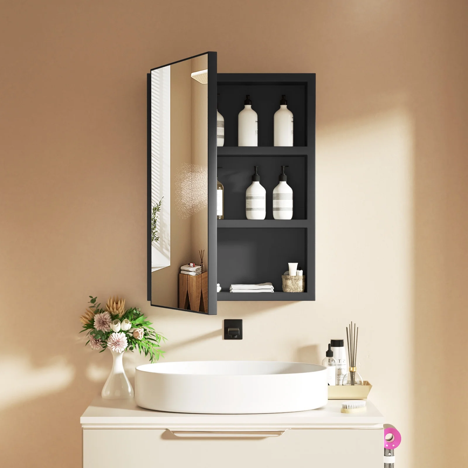 Ciumeeo Bathroom Wall Cabinet Single Door Wall Mount Storage Medicine Cabinet with Mirror and Hidden Shelves Black