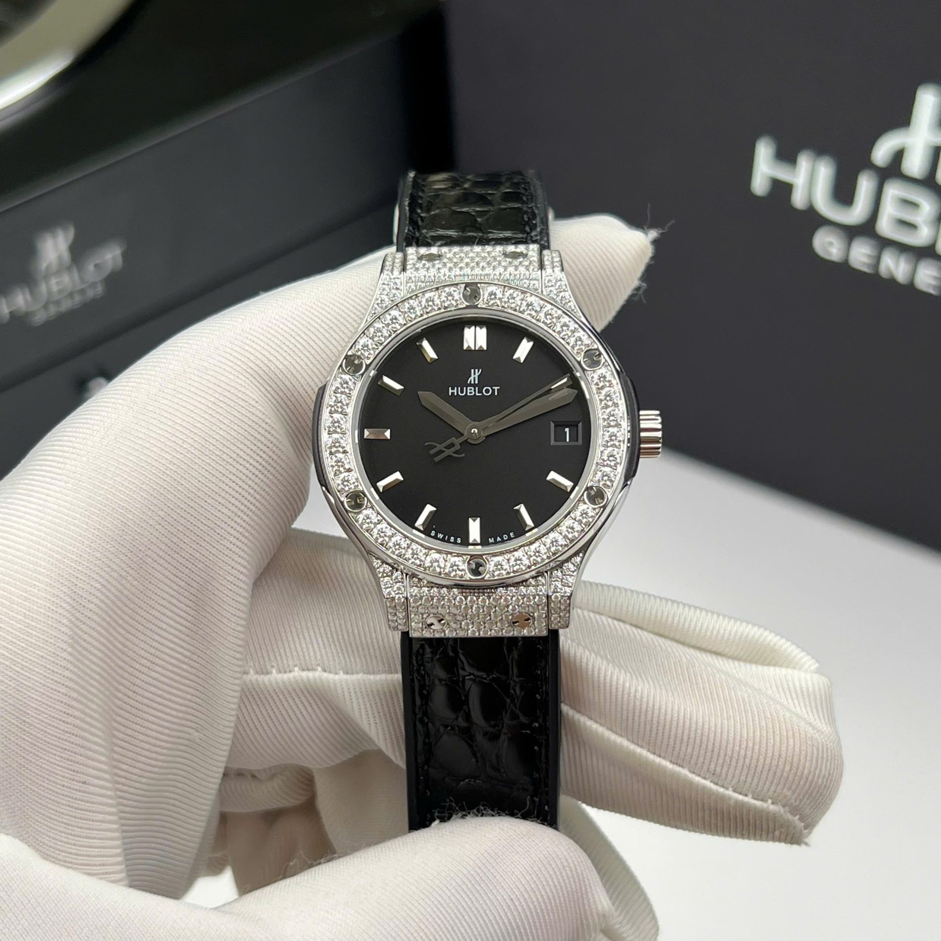 Hublot Classic Fusion Titanium Replica Wacth Black Custom Moissanite Diamonds 33mm - Elite Watch Atelier