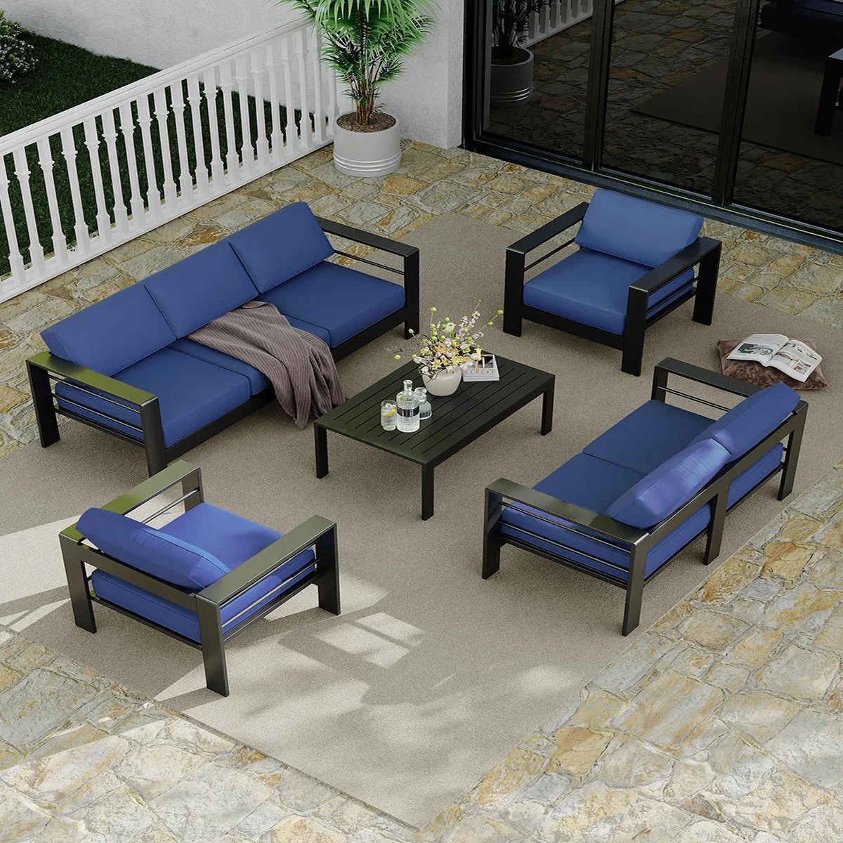 Ataucjin 5 Pieces Aluminum Patio Furniture Set, Outdoor Sectional Conversation Set Sectional Sofa with 4