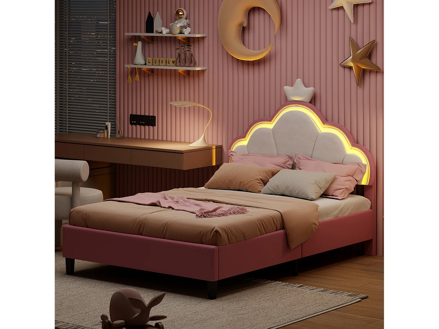 Lit Enfant Princesse et Nuage avec LED RGB-Lit Fille 90x200cm-Tête de Lit Couronne Réglable, Contrôle APP- Velours Anti-Tache et Structure Bois Massif-Rose/Blanc
