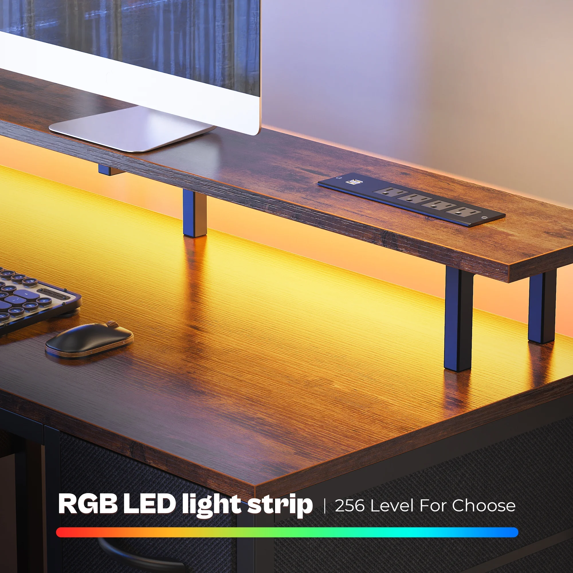 55.1" LED Gaming Desk with Drawers, Computer Desk with Outlets, Office Desk with 4 Drawers, Corner Desk, Writing Desk in White - Image 18
