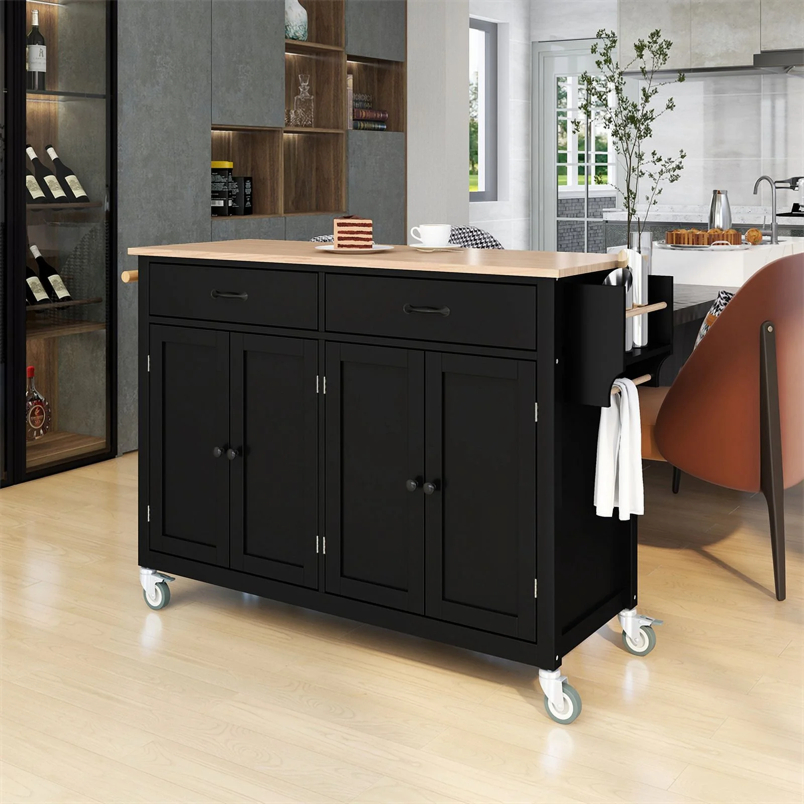 Kitchen Storage Islands&Carts with Solid Wood Top and Locking Wheels, Kitchen Island Cart with 4 Door Cabinet and Two Drawers, Kitchen Cabinets for Kitchen and Dining Room, Green - Image 11