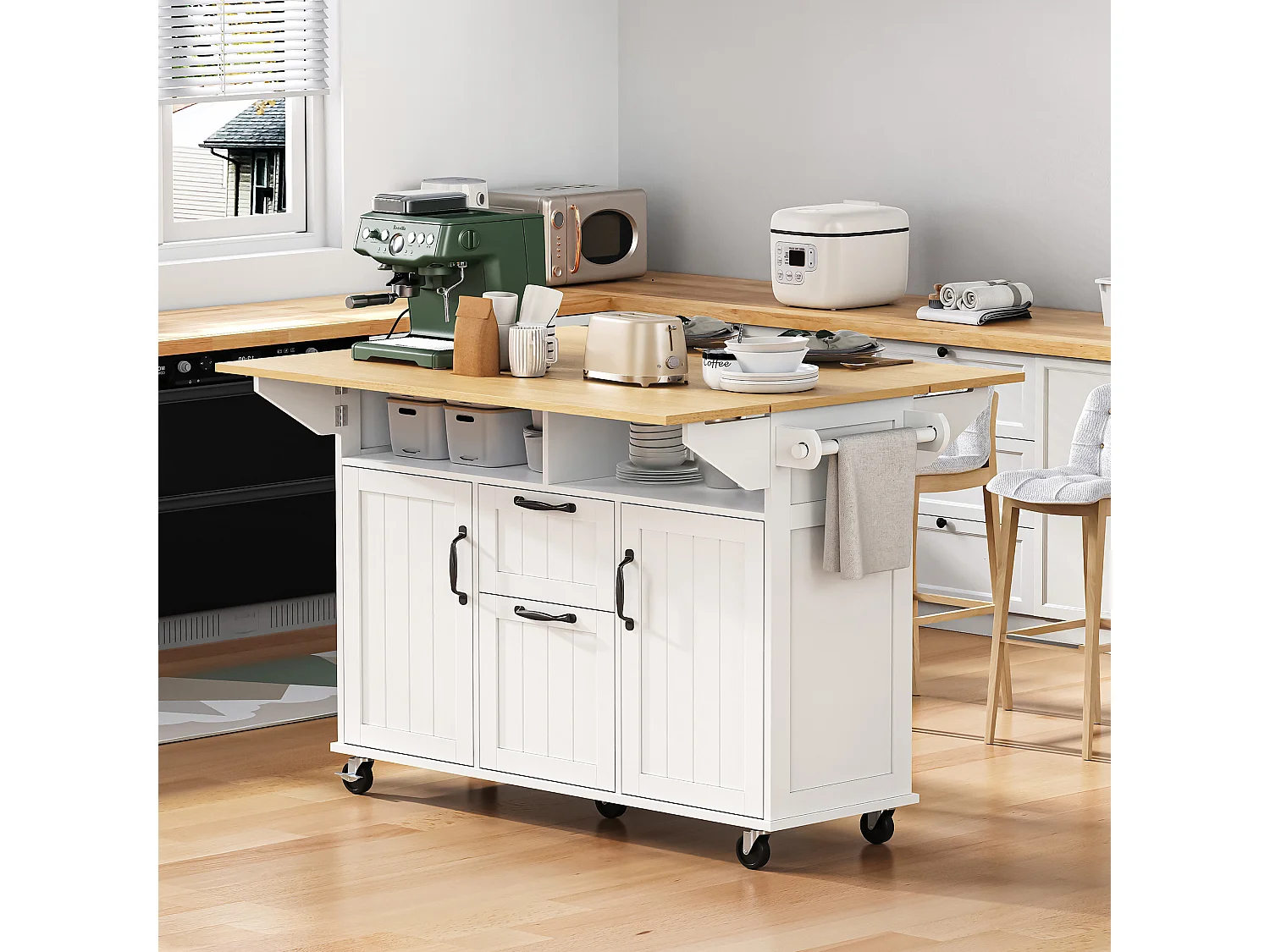 Îlot de cuisine blanc - Desserte de cuisine avec 2 tiroirs et 2 portes - porte-serviettes et rangement ouvert