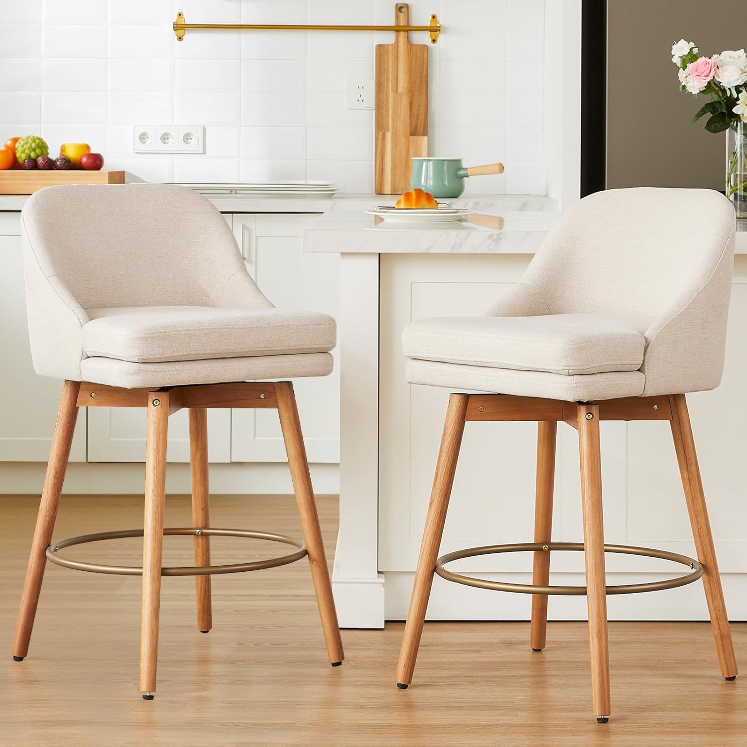 Modern Bar Stools Set of 2,Swivel Counter Height Bar Stools with Soft Upholstered Back,Thick Seat,Wooden Legs, 27