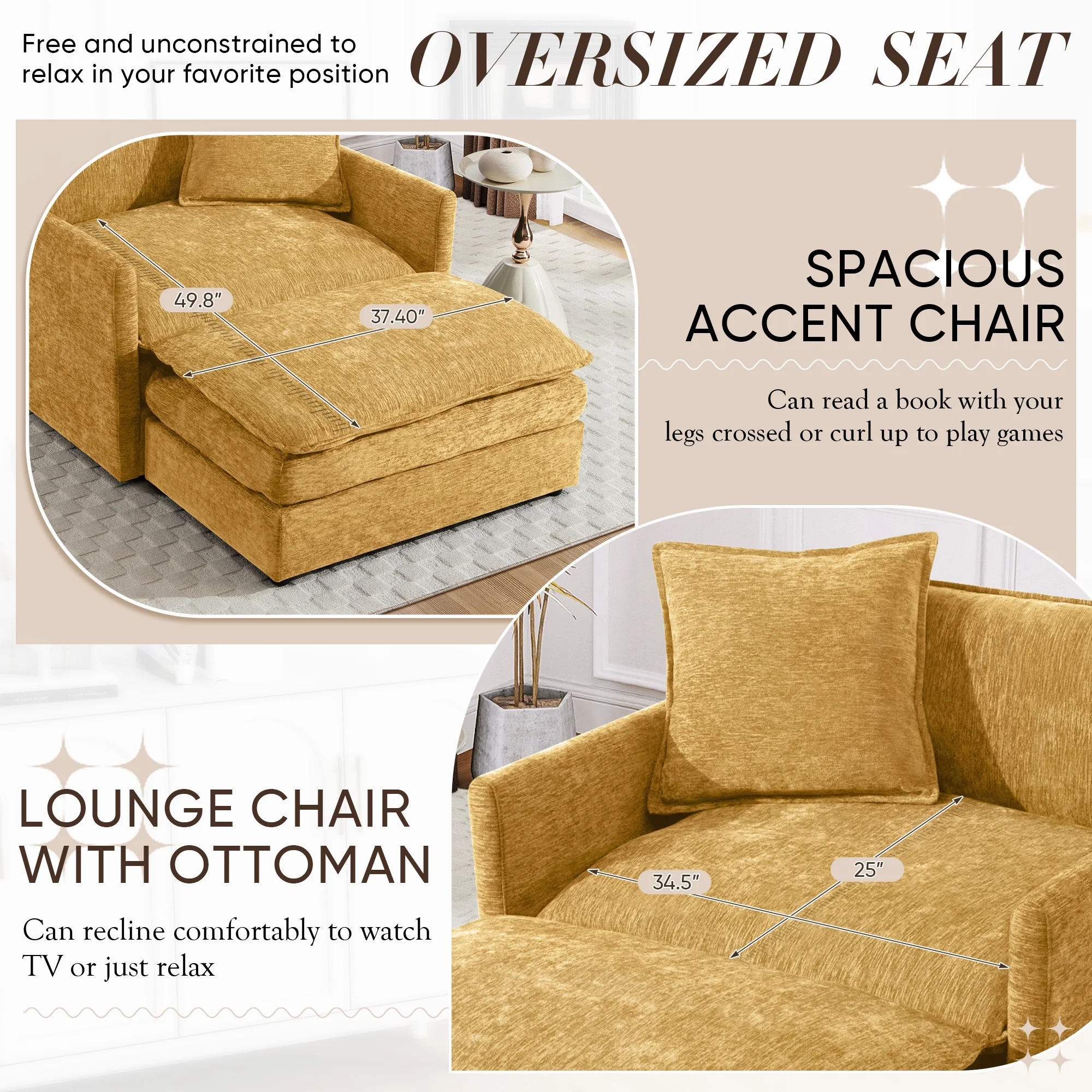 Muumblus Oversized Lounge Chair with Ottoman, Cloud Accent Armchair for Living Room, Beige Chenille - Image 28