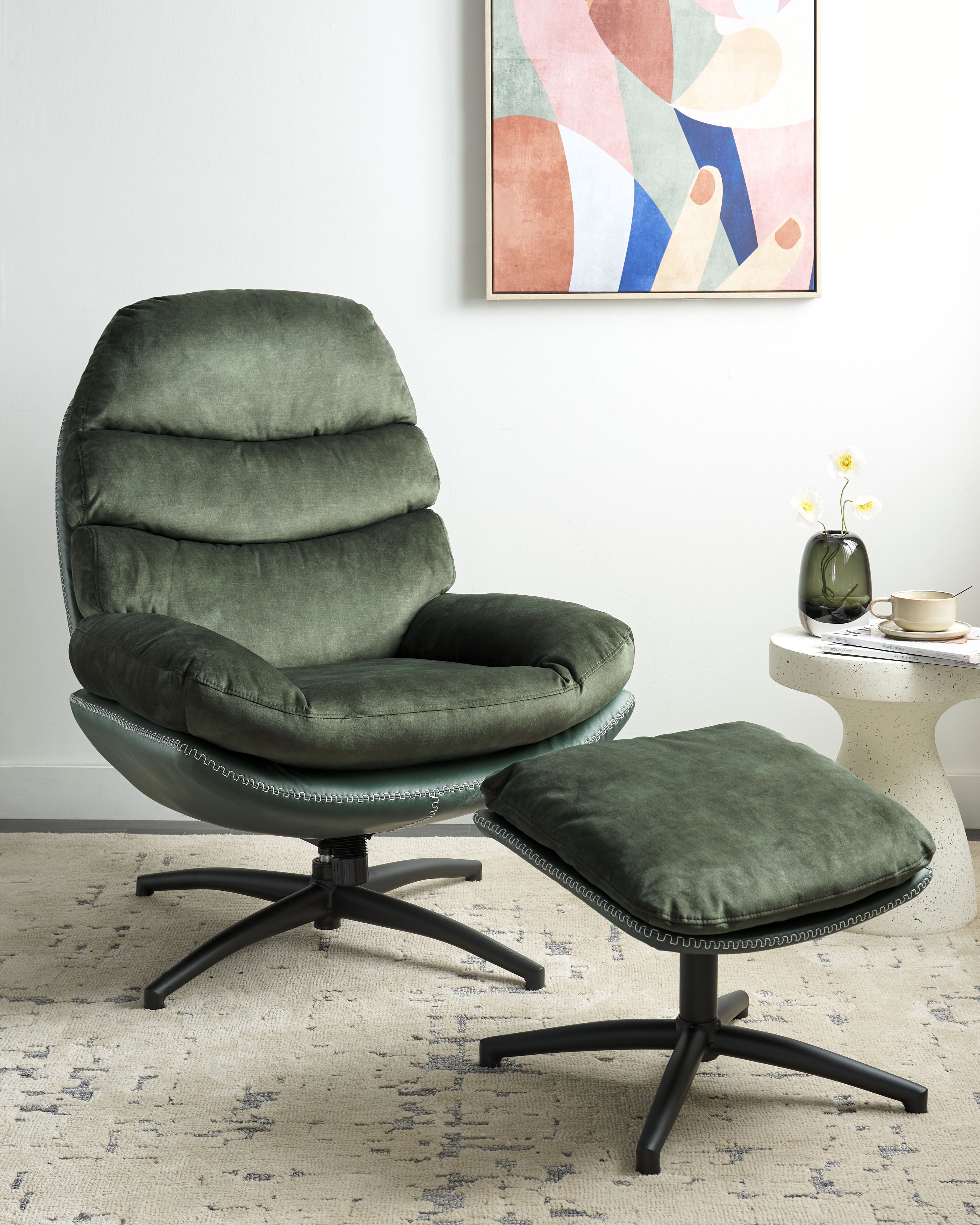 Swivel Armchair EIDE with Footstool Velvet Dark Green