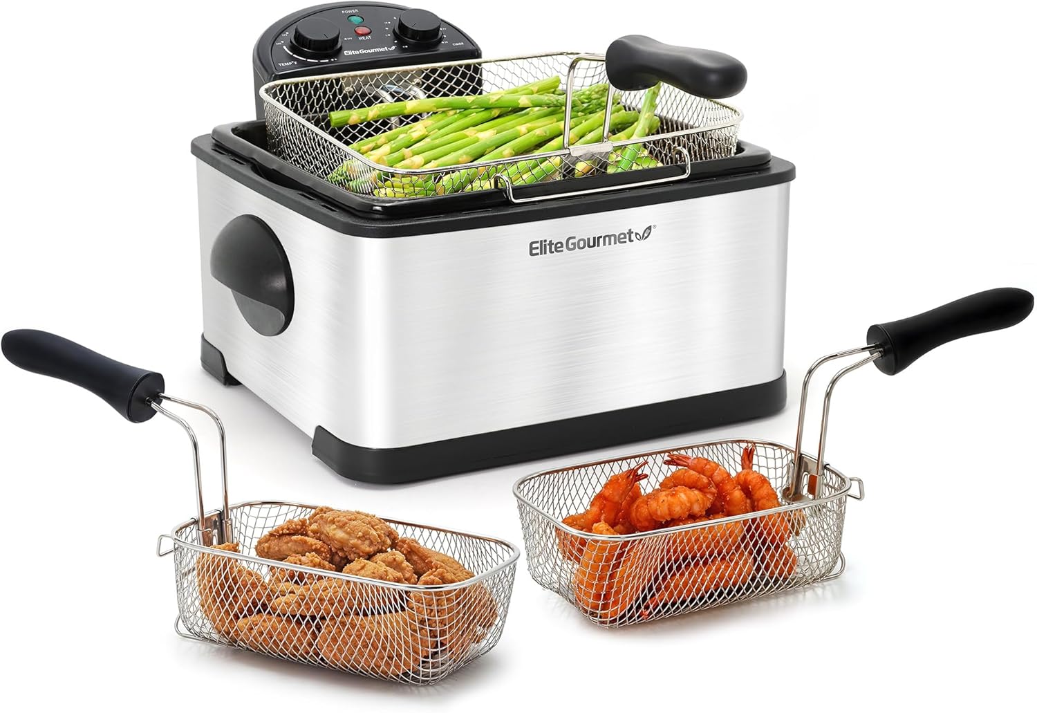 Elite Gourmet EDF-401T Electric 4.5 Qt. / 17 Cup Immersion Deep Fryer 3-Baskets, 1700-Watt, Timer Control Adjustable Temperature, Lid with Viewing Window and Odor Free Filter