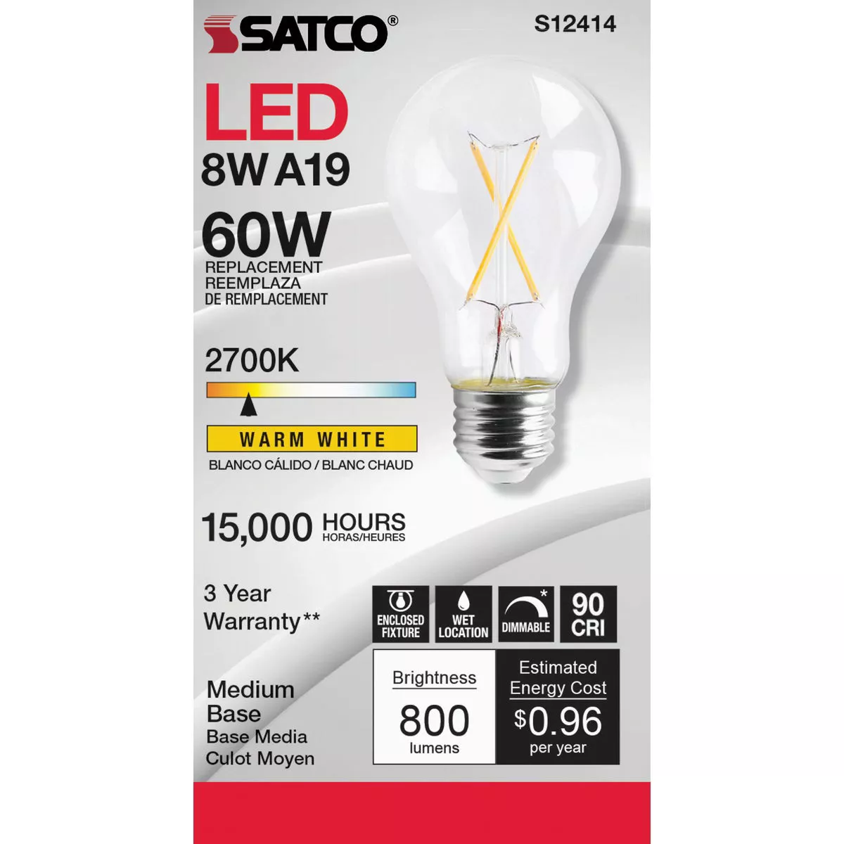Satco 60W Equivalent Warm White A19 Medium Dimmable Traditional LED Light Bulb