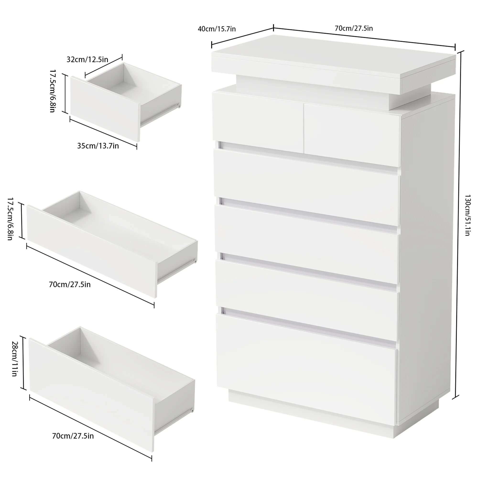 NEGYLIM 6 Drawer White Dresser, High Gloss Dresser with LED Light for Bedroom, Living Room, Hallway, Easy Assembly - Image 4