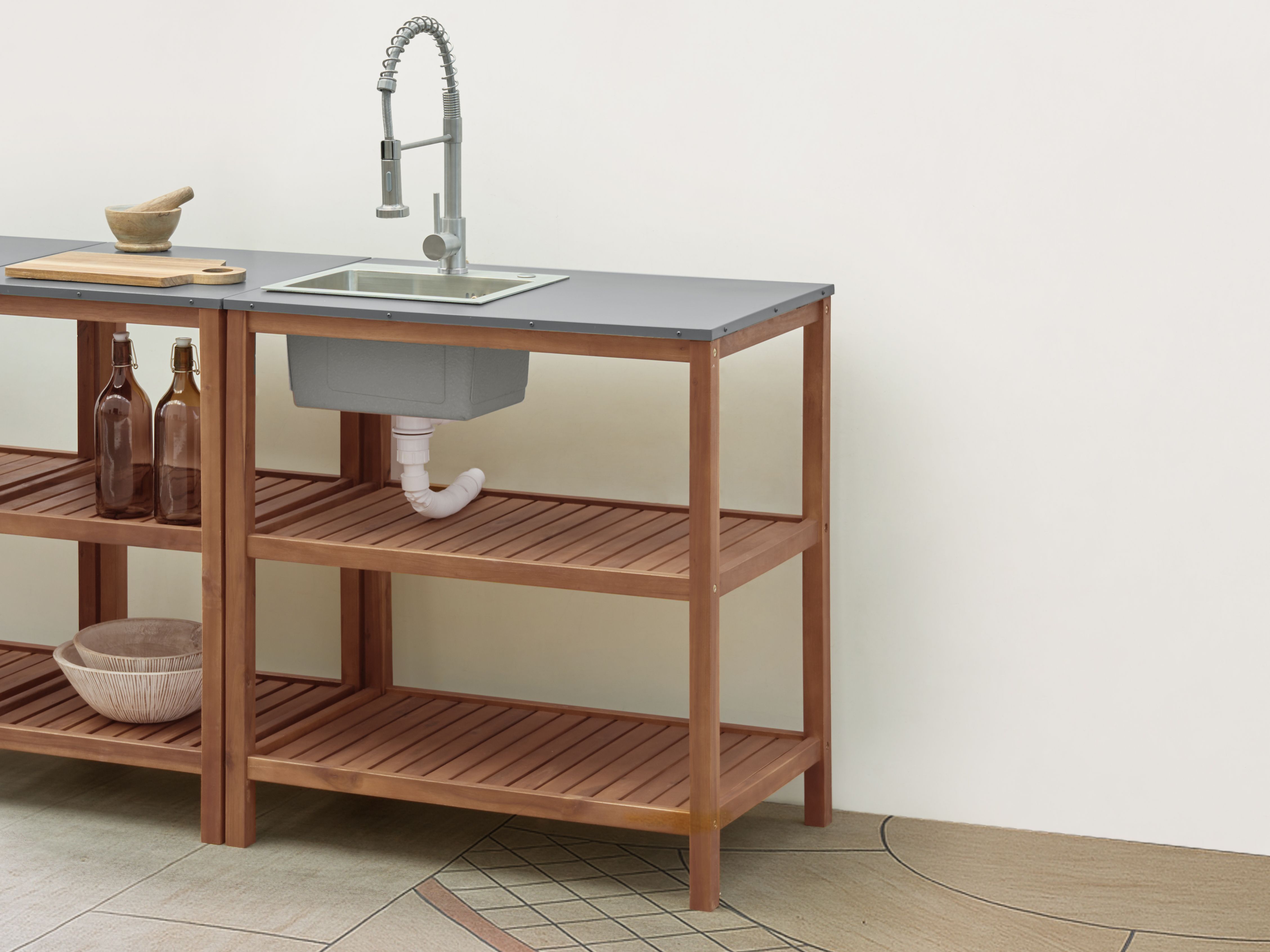 Outdoor Kitchen Island with Sink BRUCOLI Acacia Wood Brown/ Silver