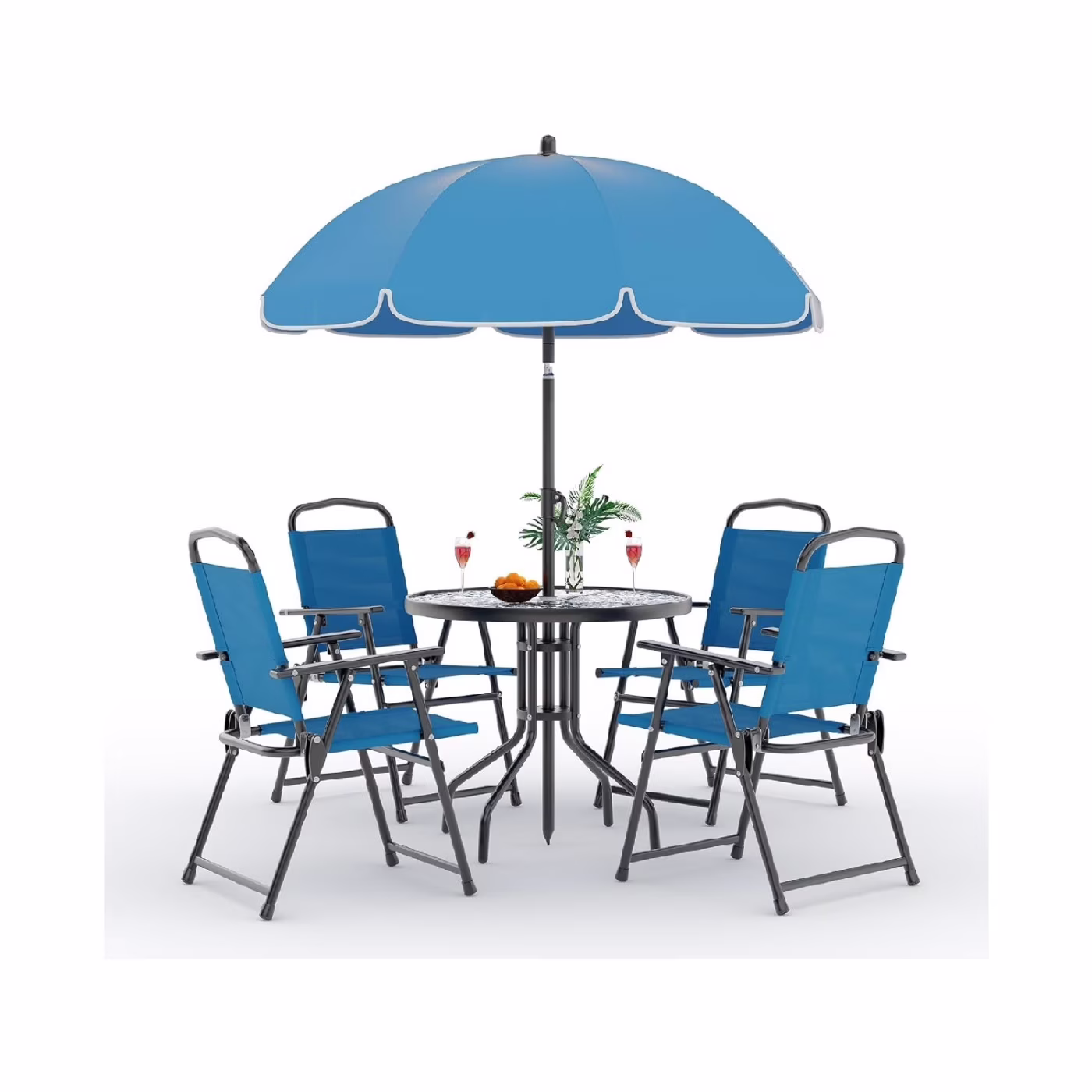 6 Pieces Outdoor Dining Set With Umbrella, Patio Table and 4 Folding Chairs With Umbrella, Garden Patio Furniture Set With Umbrellas, Tempered Glass Top Dining Table - Image 3