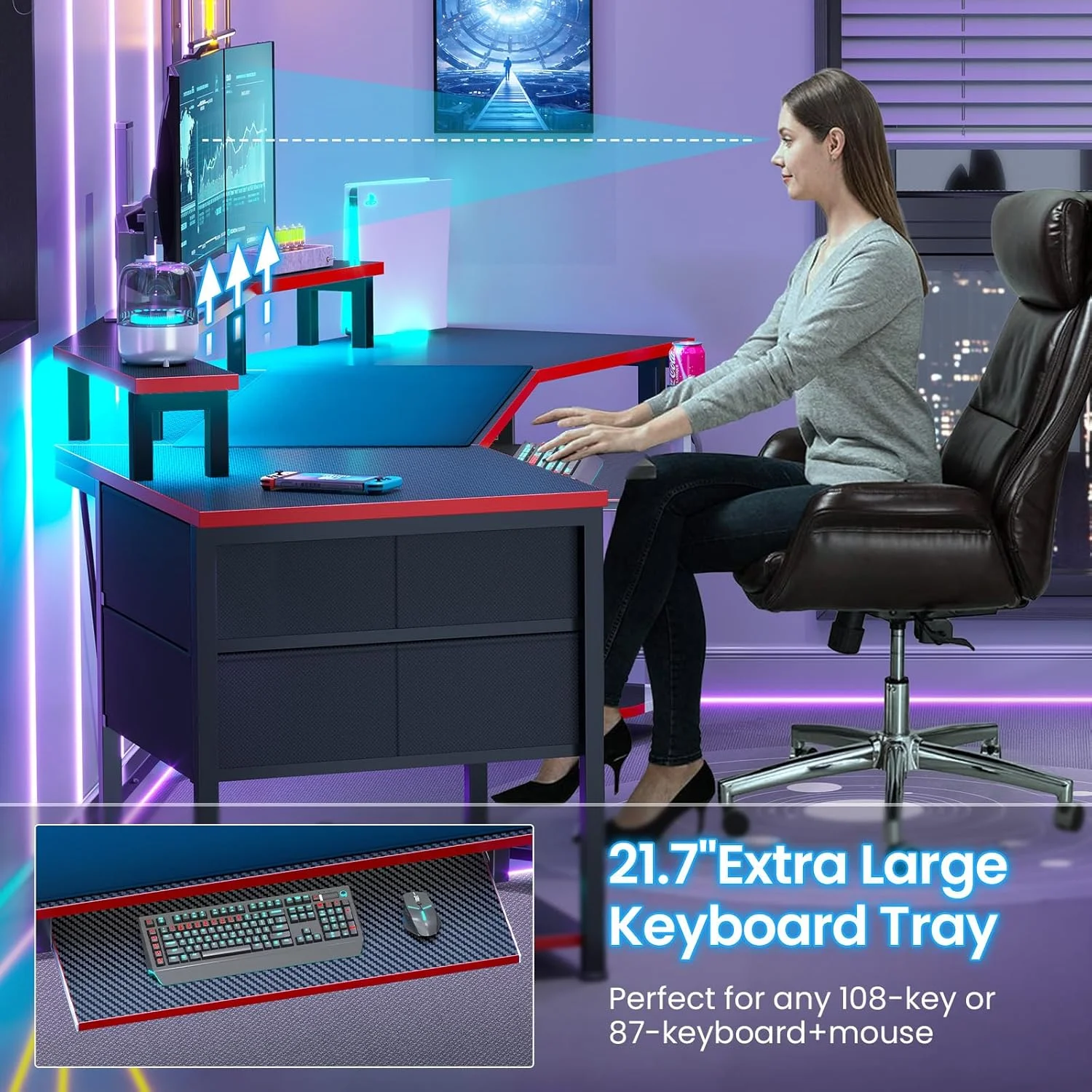 79" Gaming Desk with LED Lights and Power Outlets, U Shaped Desk with Monitor Stand and Drawers, Gaming Table with Keyboard Tray, Cup Holder and CPU Stand for Bedroom, Carbon Fiber Black - Image 16