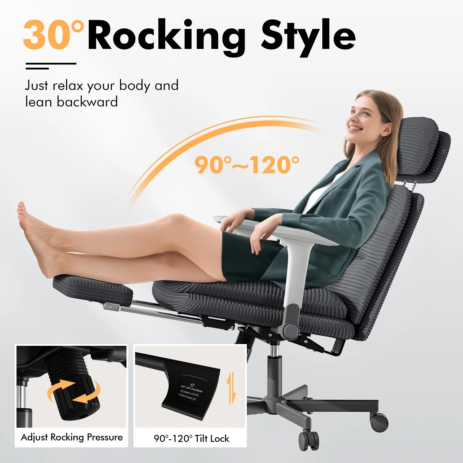 HomeZeer Ergonomic Cross-Legged Office Chair with Footrest & Headrest, Heavy Duty Executive Desk Chair with Flip-up Armrests, Corduroy Fabric Computer Criss Cross Chair for Home Office, Black - Image 12