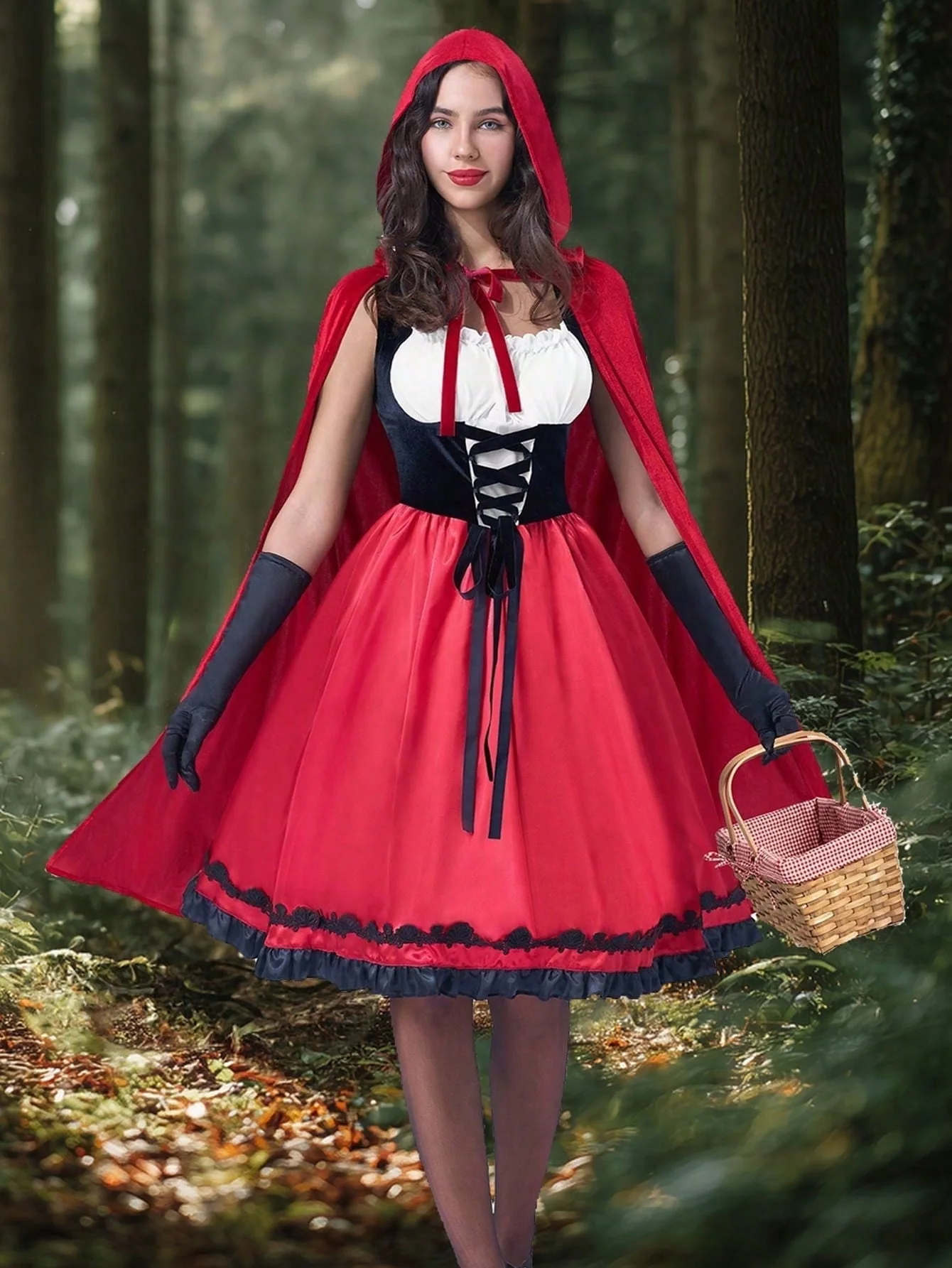 Joyfy Women Little Red Riding Hooded Costume with Dress, Cape and Gloves, Adult Women Halloween Costume for Halloween Party Cosplay - Image 8 Joyfy Women Little Red Riding Hooded Costume with Dress, Cape and Gloves, Adult Women Halloween Costume for Halloween Party Cosplay - Image 8