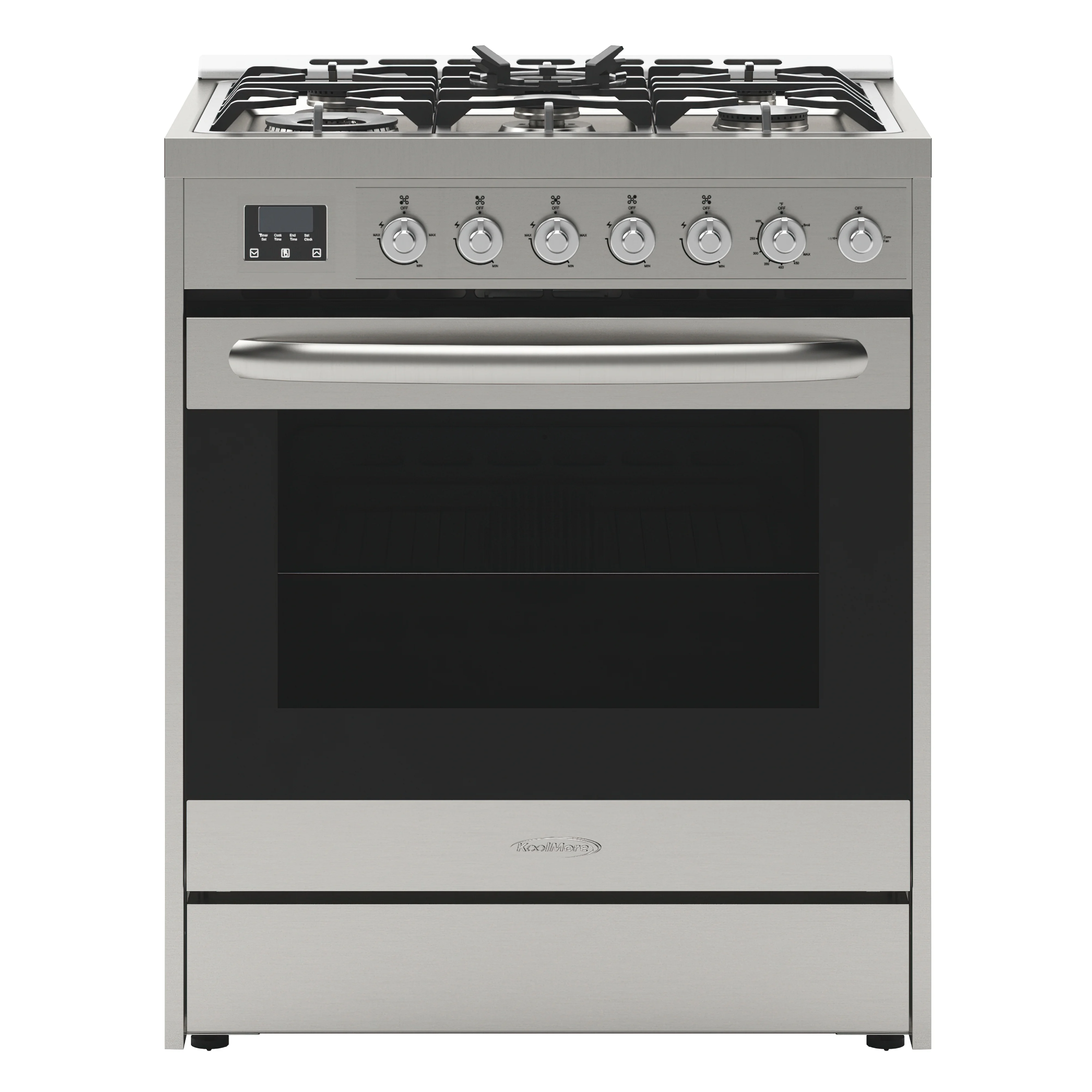 30�� Inch Professional Gas Range Stove with 5 Burner Cooktop, Rapid Convection Oven, and Digital Timer with Heavy-Duty Cast Iron Grates, Stainless-Steel Appliance, Silver