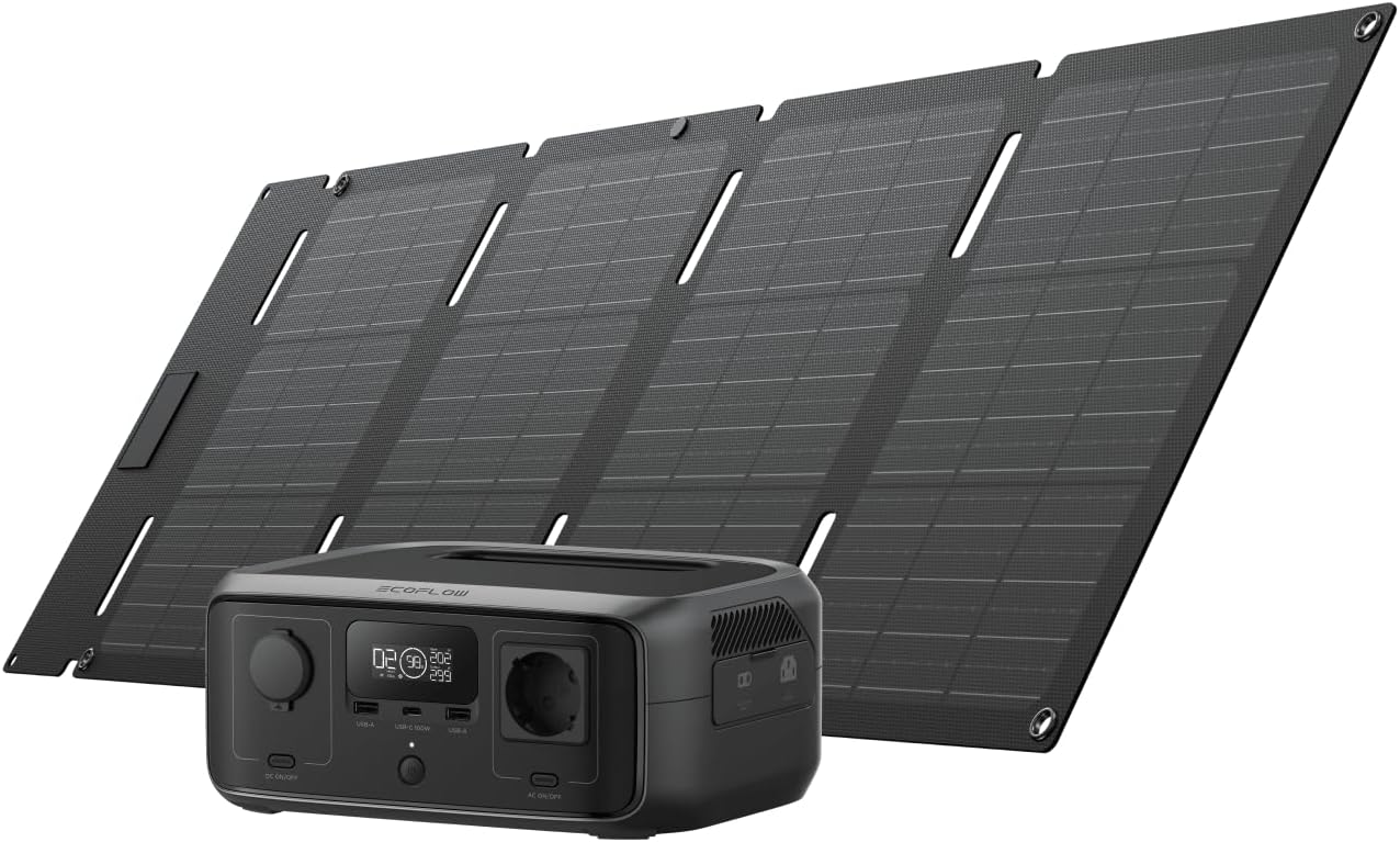 Estación de energía portátil EF EcoFlow RIVER 3 con panel solar 45 W, batería LFP 245 Wh, salida 600 W, eficiencia con GaN que duplica la duración, SAI en