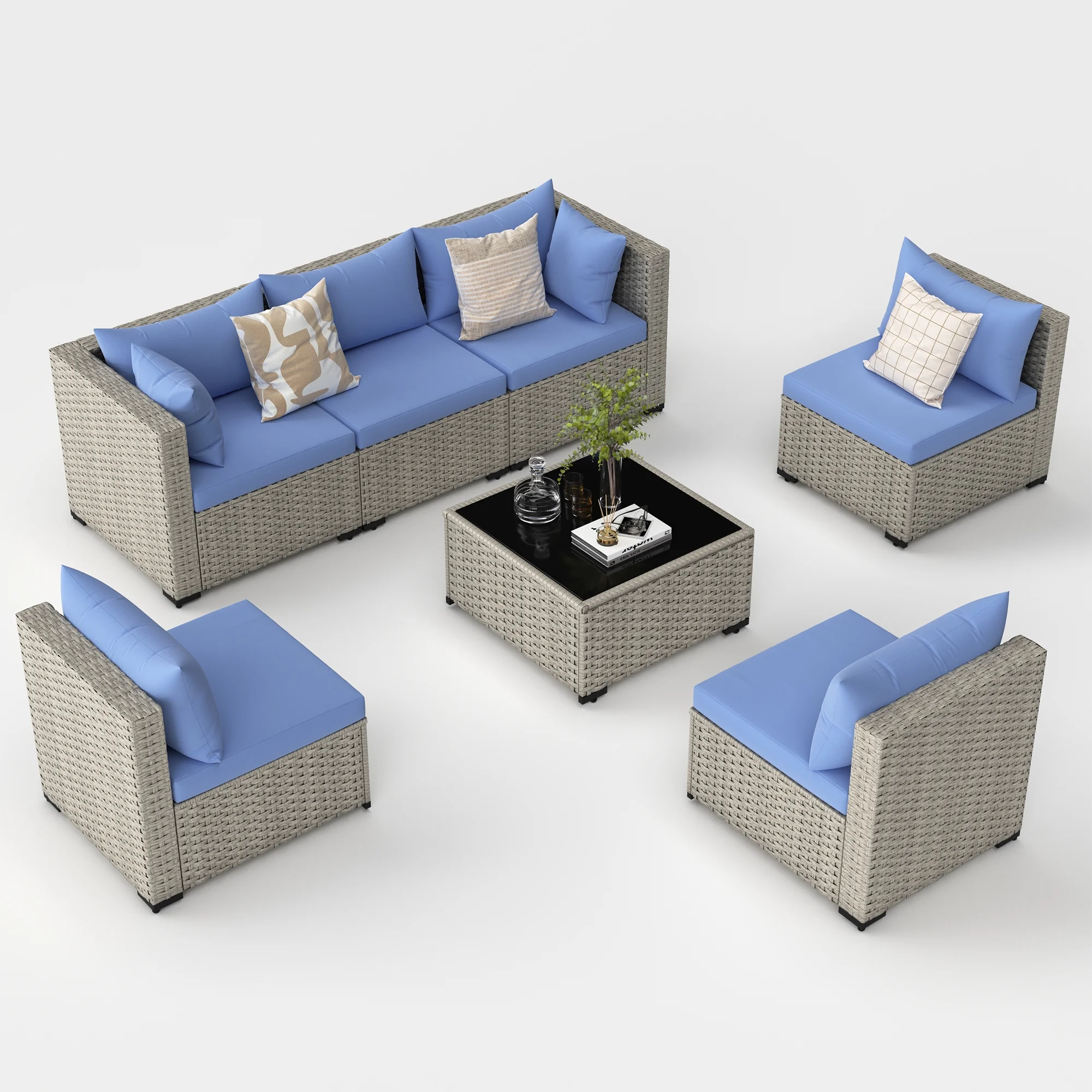 7 Pieces Patio Conversation Set, Outdoor Sectional PE Rattan Wicker Furniture Seat,Dark Gray - Image 62