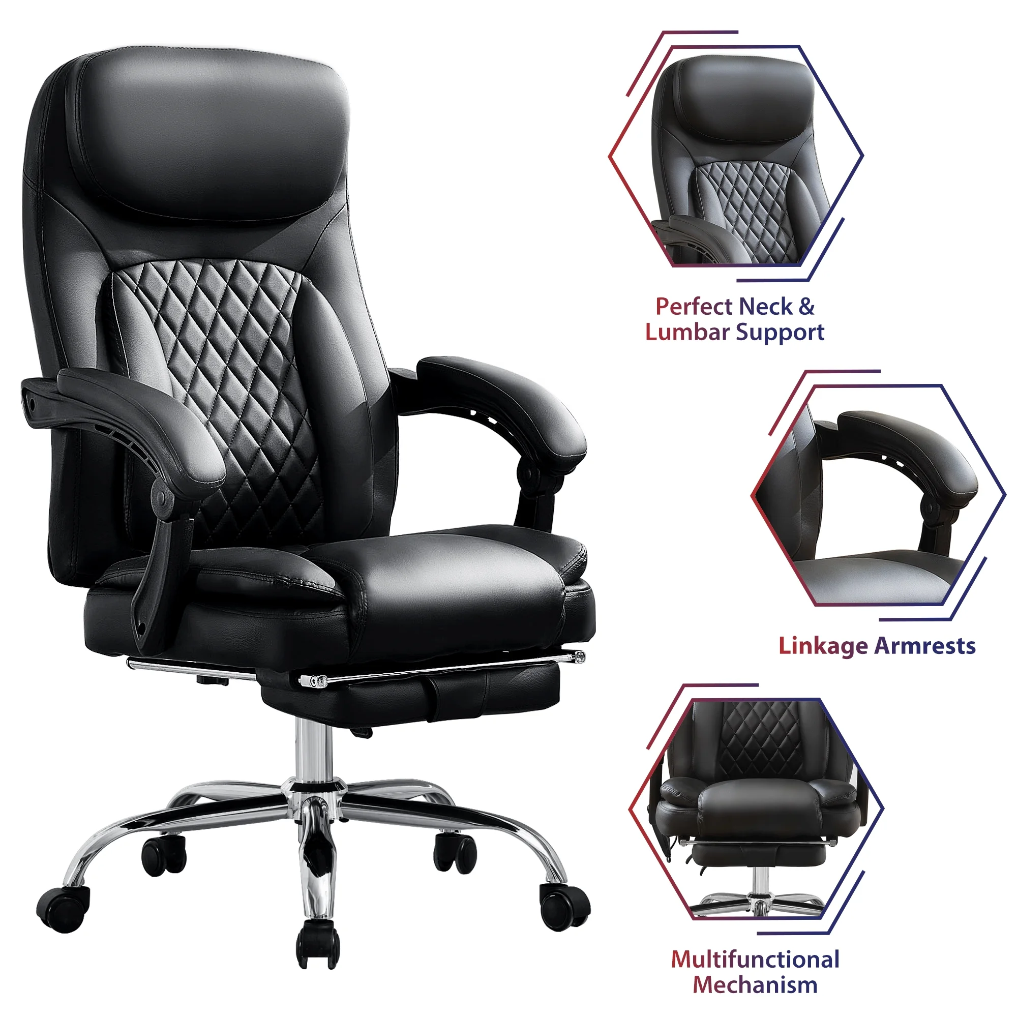 JONPONY Big and Tall Office Chair 500LBS Executive Office Chair Massage and Footrest Ergonomic Computer Desk Chair Reclining High Back Leather Office Chair Lumbar Back Support Swivel Rolling,Black - Image 13