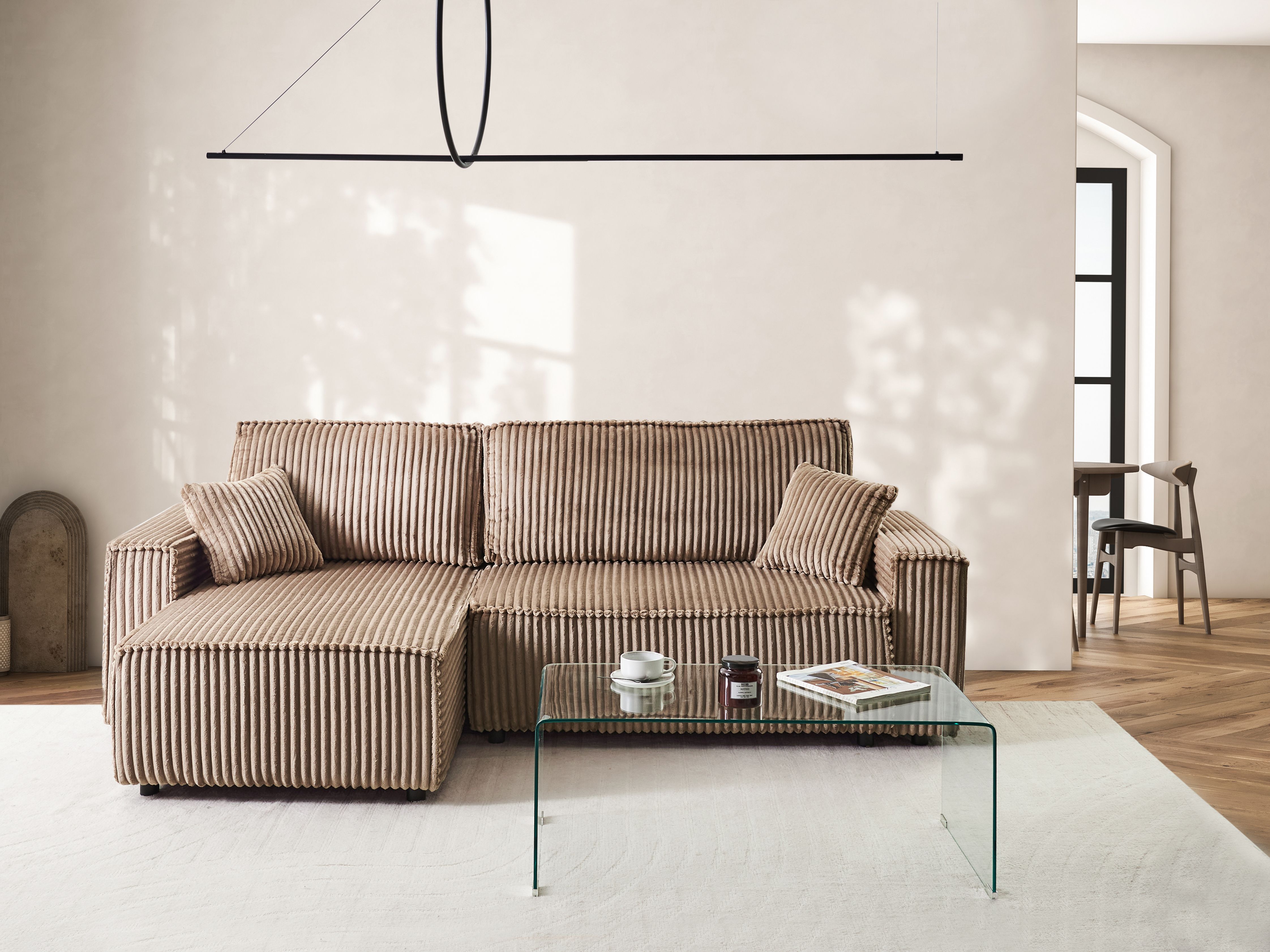 Corner Sofa Bed 3 Seater ABACKA Corduroy Light Brown with Storage Right Hand