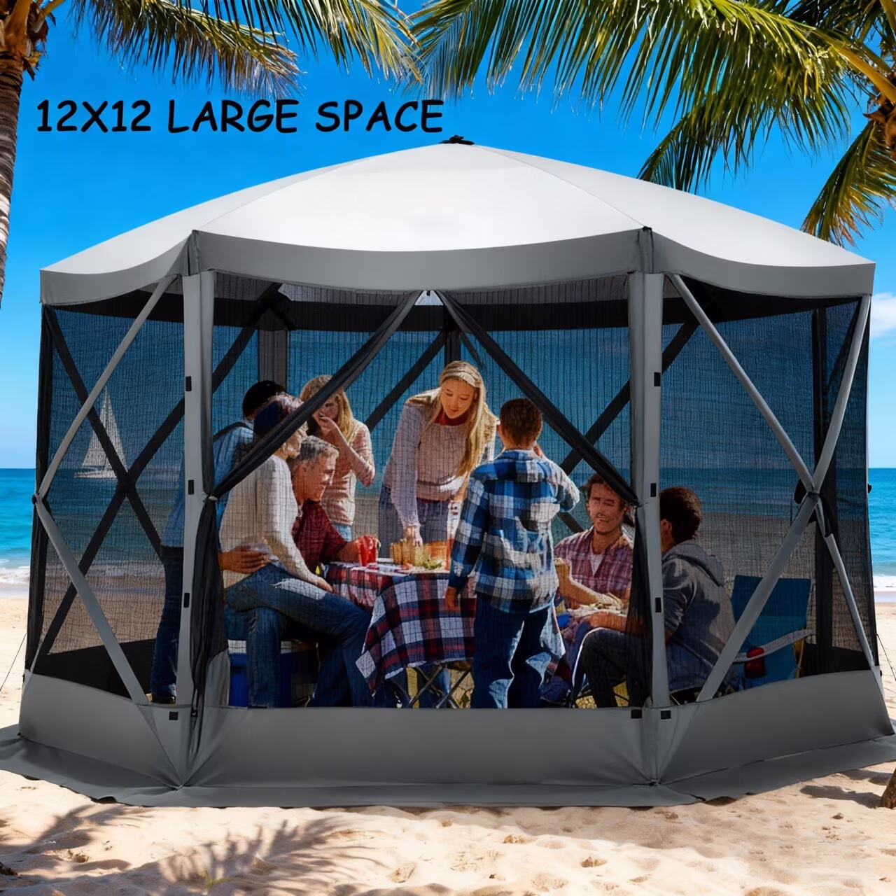 COBIZI 12'x12' Pop-up Gazebo Outdoor Camping Tent with 6 Sides Mosquito Netting, Waterproof, UV Resistant, Portable Screen House Room, Easy Set-up Party Tent with Carry bag, Ground Spike, Brown - Image 5