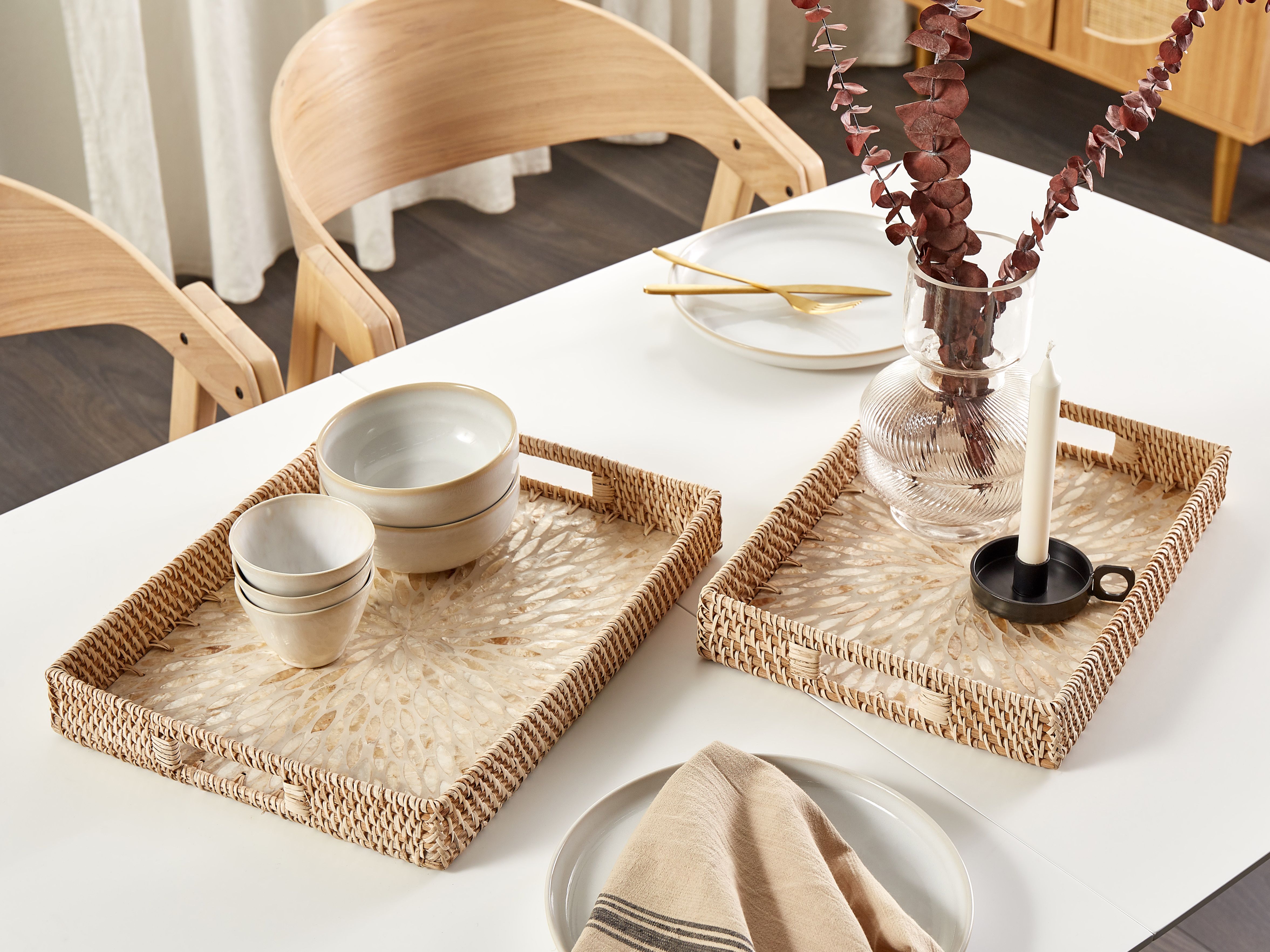 Set of 2 Decorative Trays NDEBELE Rattan Natural