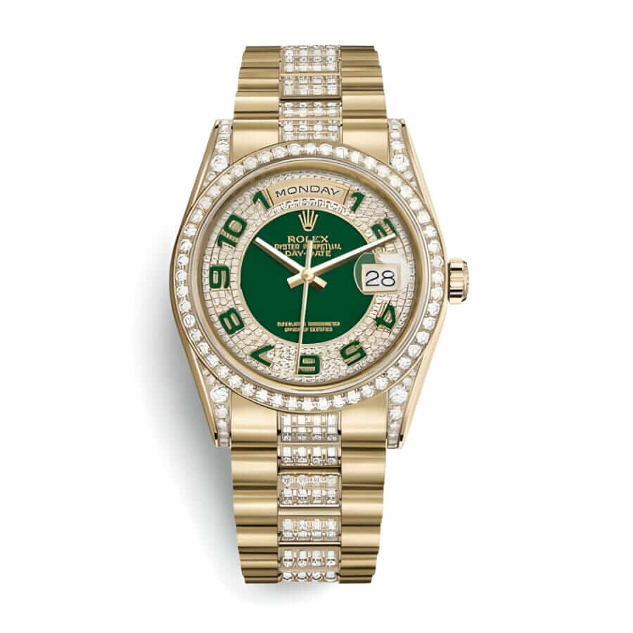 Rolex Datejust Yellow Gold Green Dial Iced out 118348 Replica - Elite Watch Atelier