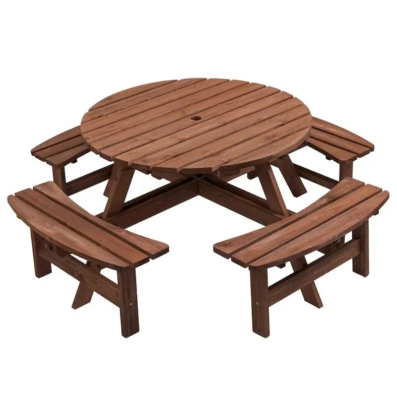 8-Person Fir Wood Round Picnic Table Set With 4 Built-In Benches And Umbrella Hole - Image 4 8-Person Fir Wood Round Picnic Table Set With 4 Built-In Benches And Umbrella Hole - Image 4