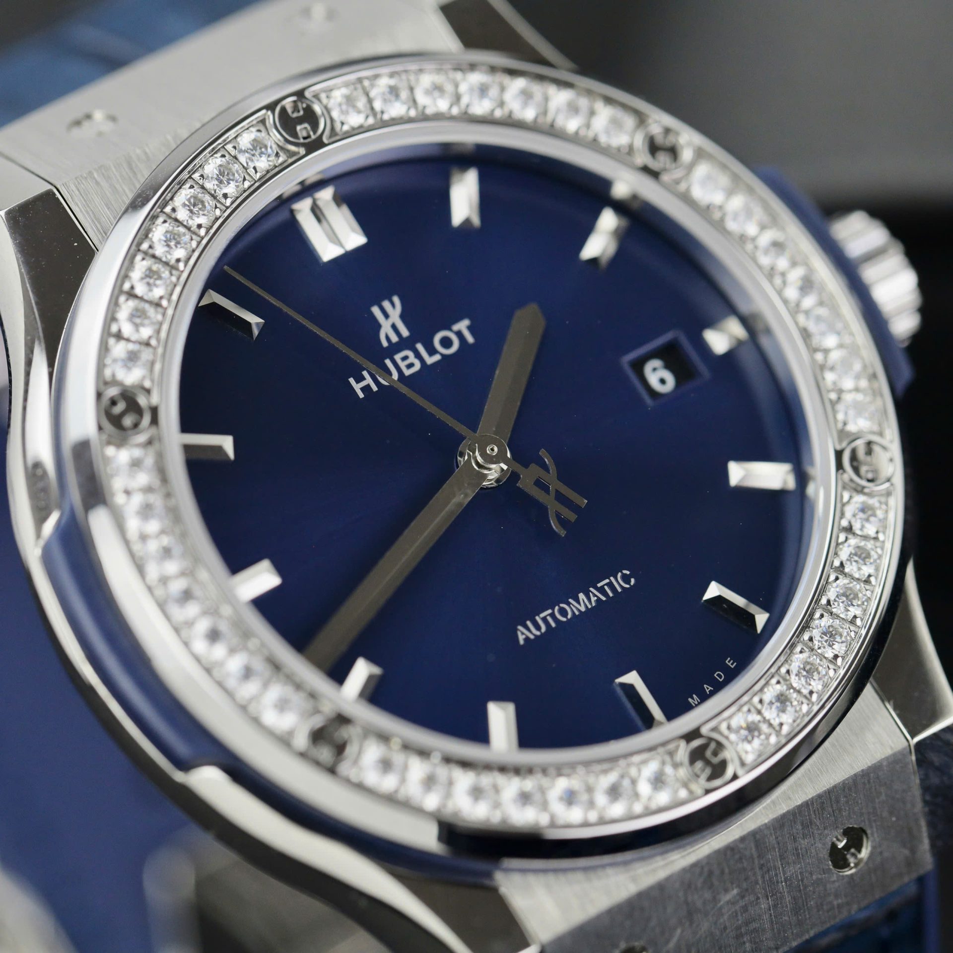 Hublot Classic Fusion Titanium Replica Watches Blue Dial Custom Moissanite Diamonds 42mm - Top club