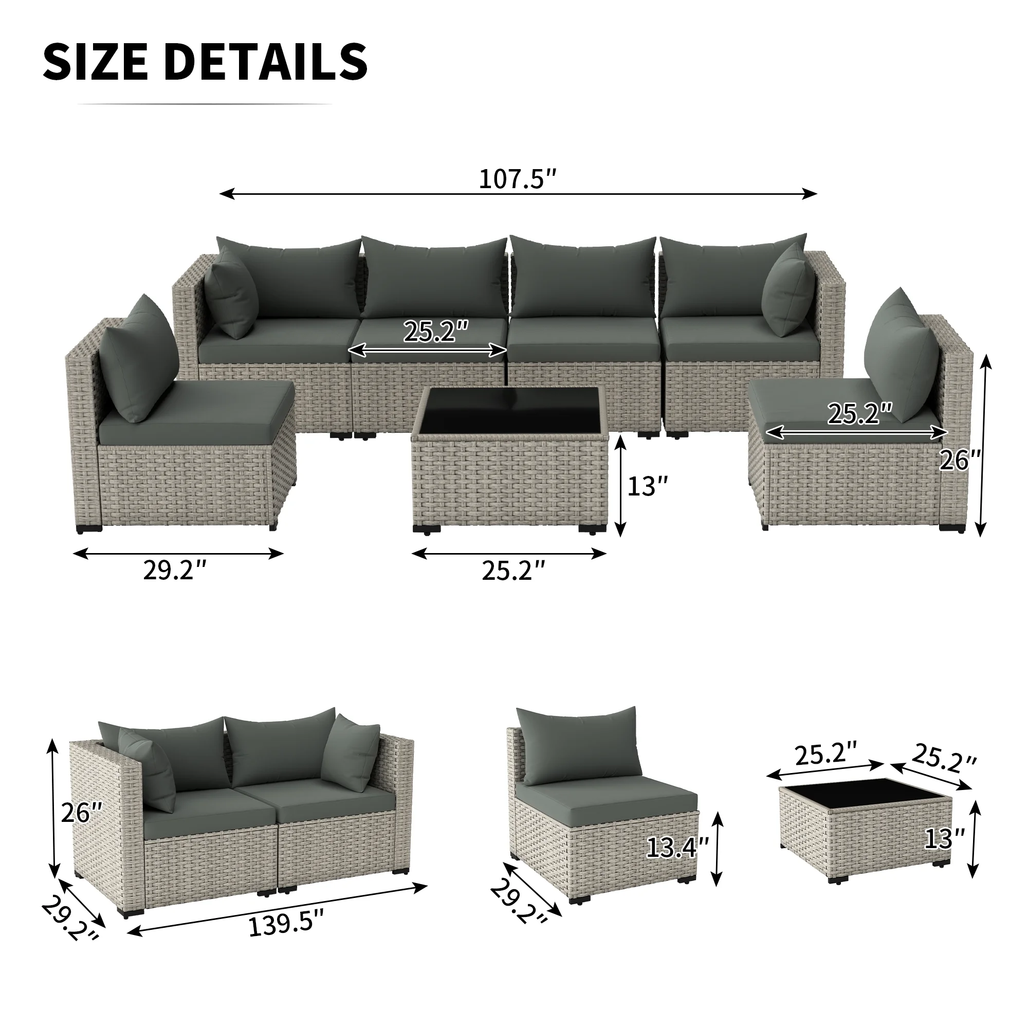 7 Pieces Patio Conversation Set, Outdoor Sectional PE Rattan Wicker Furniture Seat,Dark Gray - Image 9