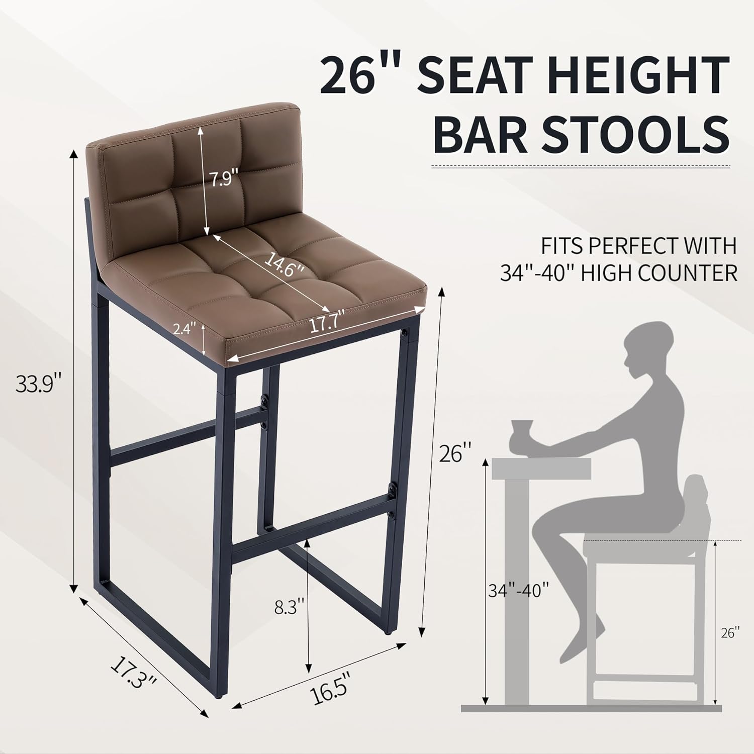 Counter Height Bar Stools Set of 4, Upholstered Barstools with Back, Bar Chairs with Thickened Metal Legs, PU Leather Counter Stools for Kitchen Island (Coffee Brown, 4Pcs 26