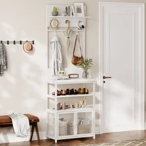 Hall Tree with Doors White 72.8in Coat Rack Shoe Storage Narrow Coat Tree Shoe Shelf Organizer with 7 Hooks for Entryway Bedroom and Mudroom