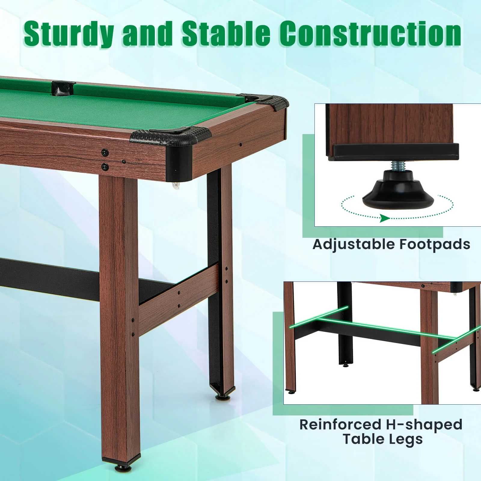Costway 48" Pool Table for Kids & Adults with Full Set of Balls 2 Cue Sticks 2 Chalks Green - Image 8