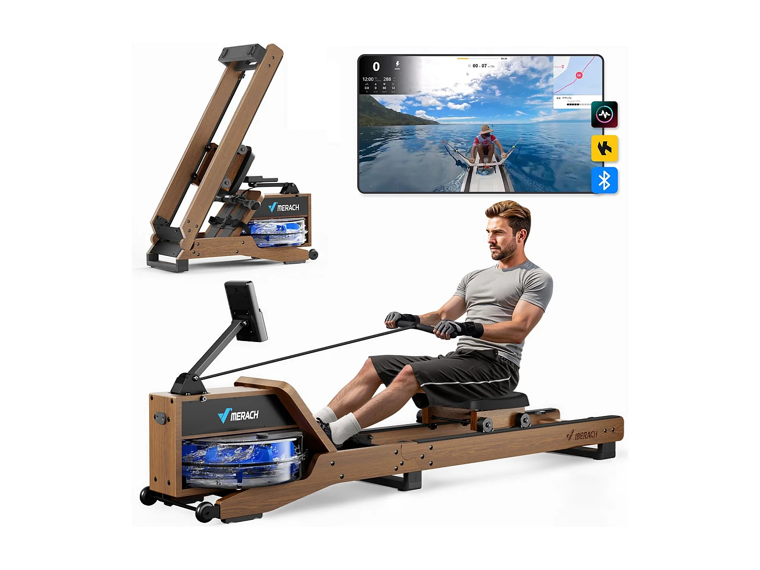 Rameur à eau pliable MERACH, 15 L, 6 repères de remplissage,  Connectivité APP, Ecran LCD, Max 150kg, Bois d'hévéa foncé