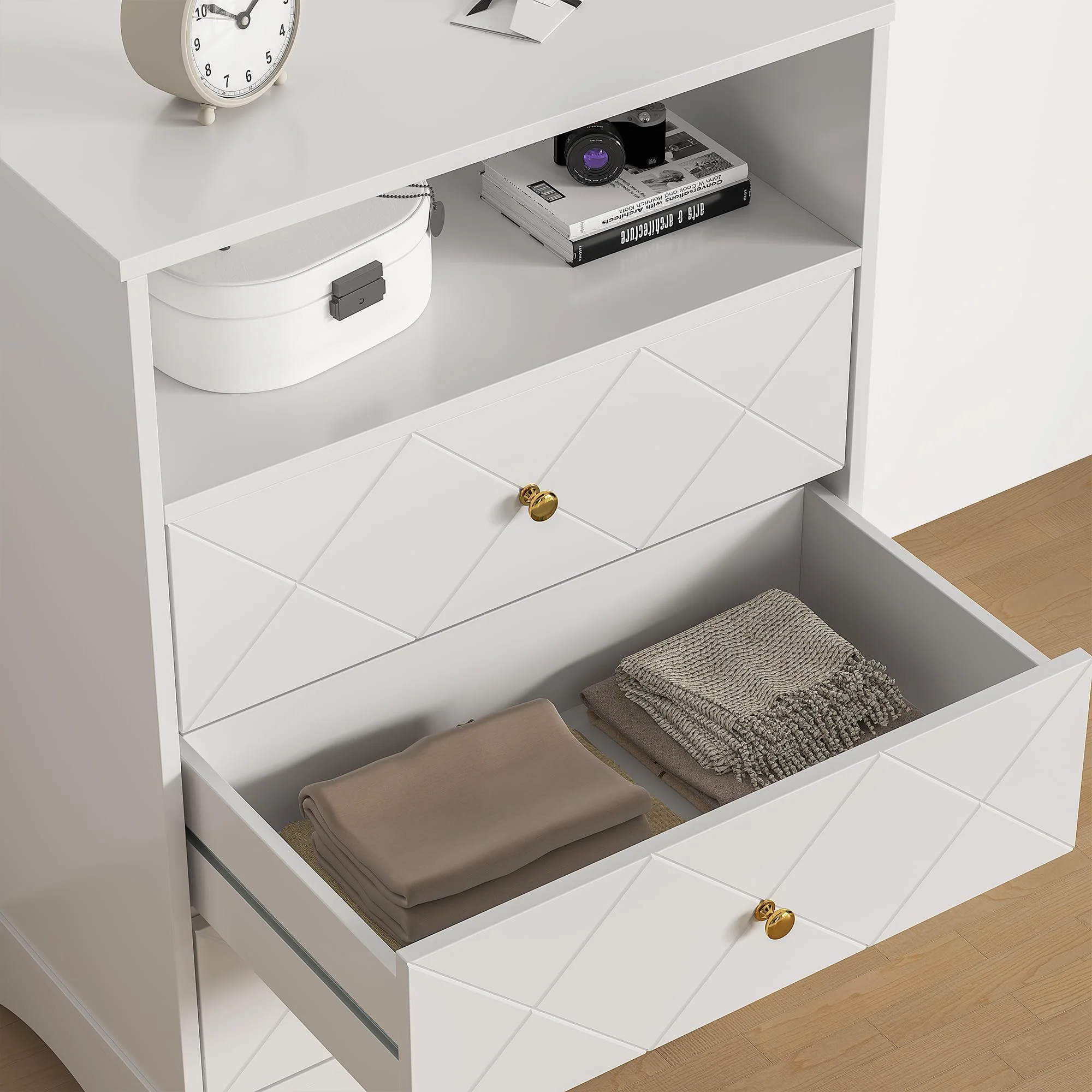 May Color Large White 3 Drawer Dresser Set of 2 with Fluted Panel, Modern Chest of Drawers with Silent Slide Drawers, Wood Accent Nightstand with Storage for Bedroom Living Room, Hallway - Image 103
