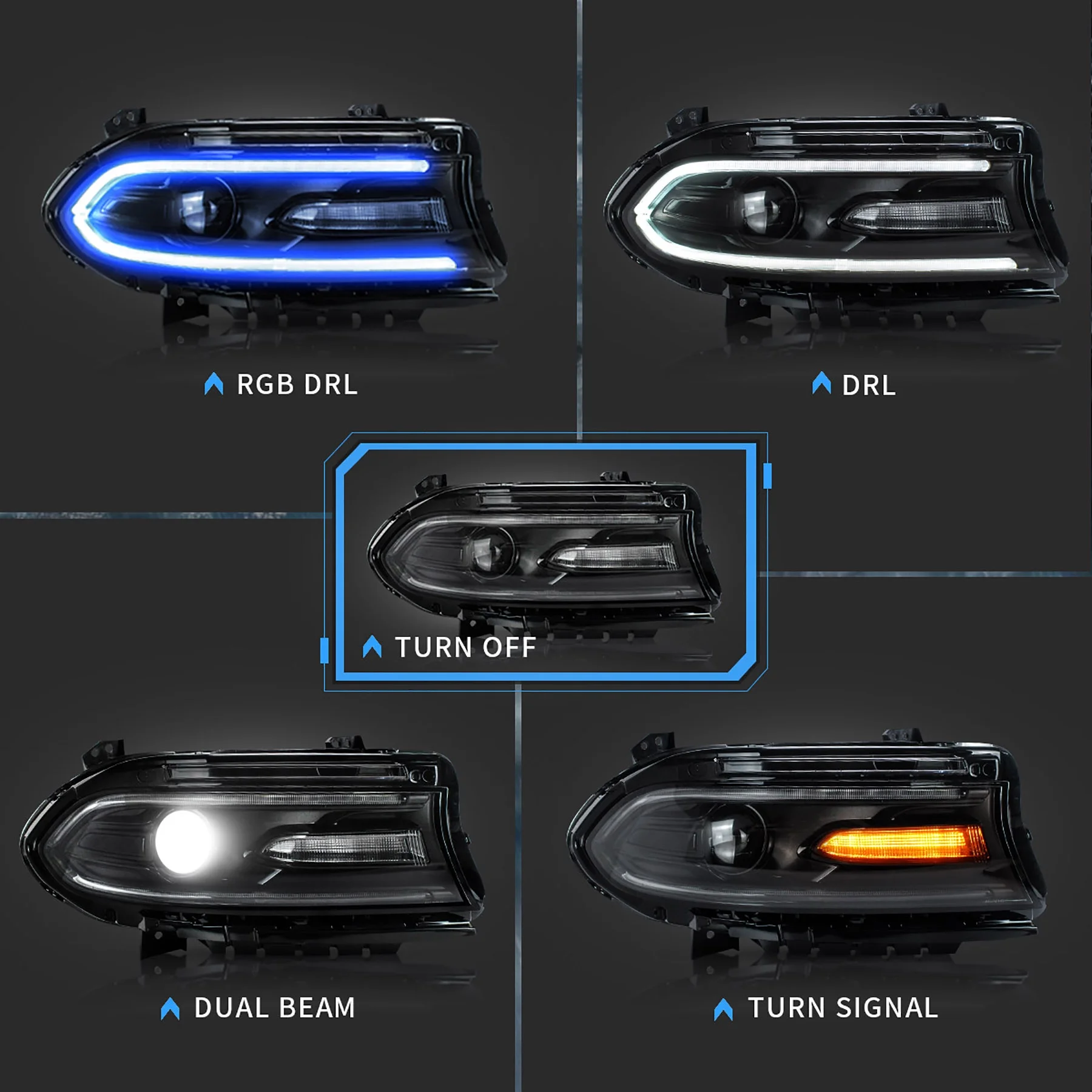 VLAND for Dodge Charger 2011 2012 2013 2014 Dual Beam Projector Headlights Replacement Assembly - Image 17