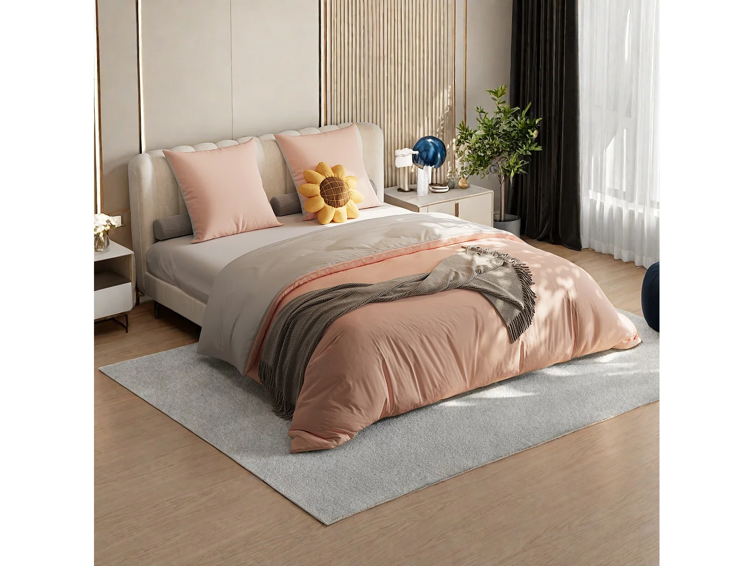 ensemble de literie 4 pièces,drap-housse 160x200x30 cm, housse de couette avec corde d'angle,2 taies d'oreiller, gris rose