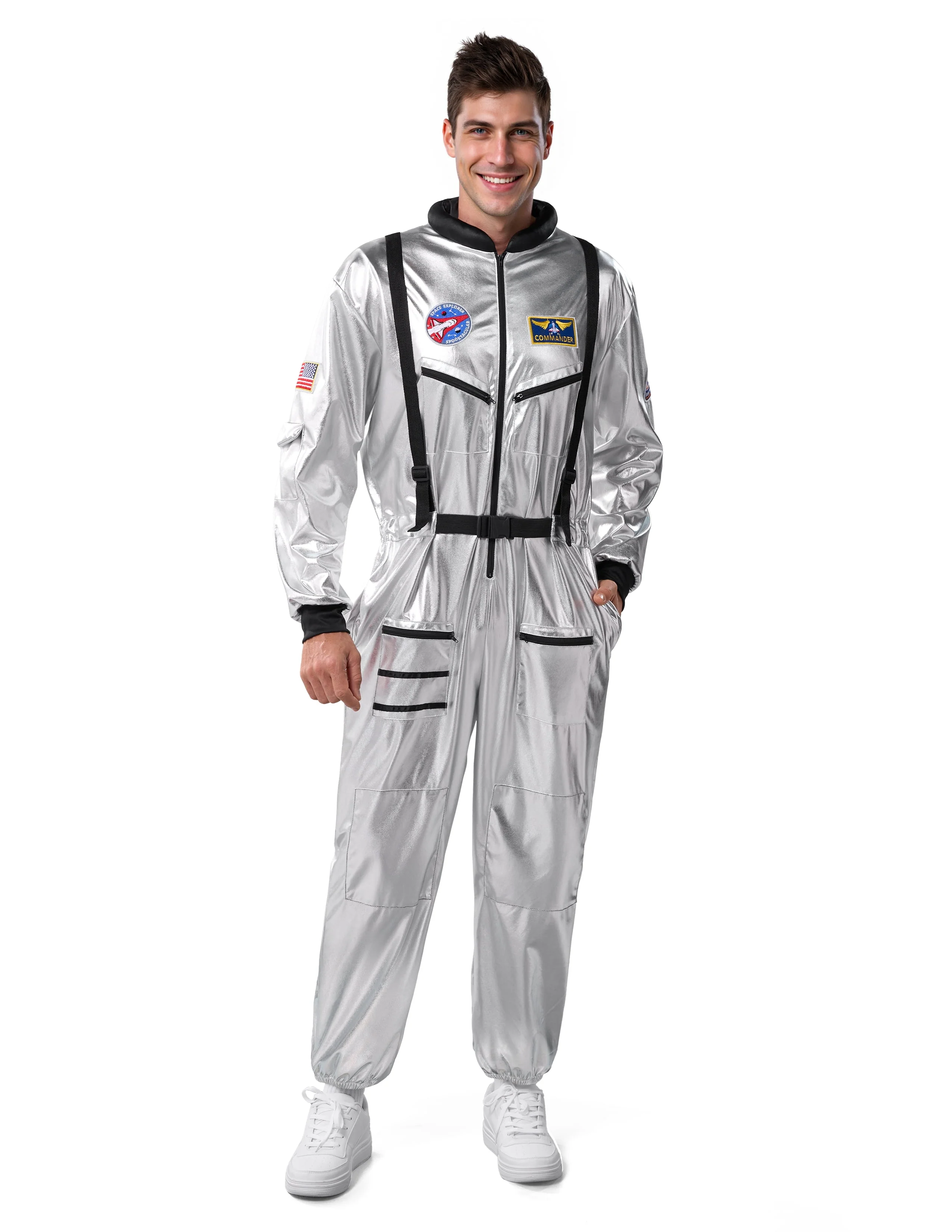 Joyfy Adult Men Astronaut Costume Halloween Spaceman Costume Silver Space Suit Spaceman Jumpsuit Pilot Outfit for Halloween Party Cosplay - Image 5 Joyfy Adult Men Astronaut Costume Halloween Spaceman Costume Silver Space Suit Spaceman Jumpsuit Pilot Outfit for Halloween Party Cosplay - Image 5